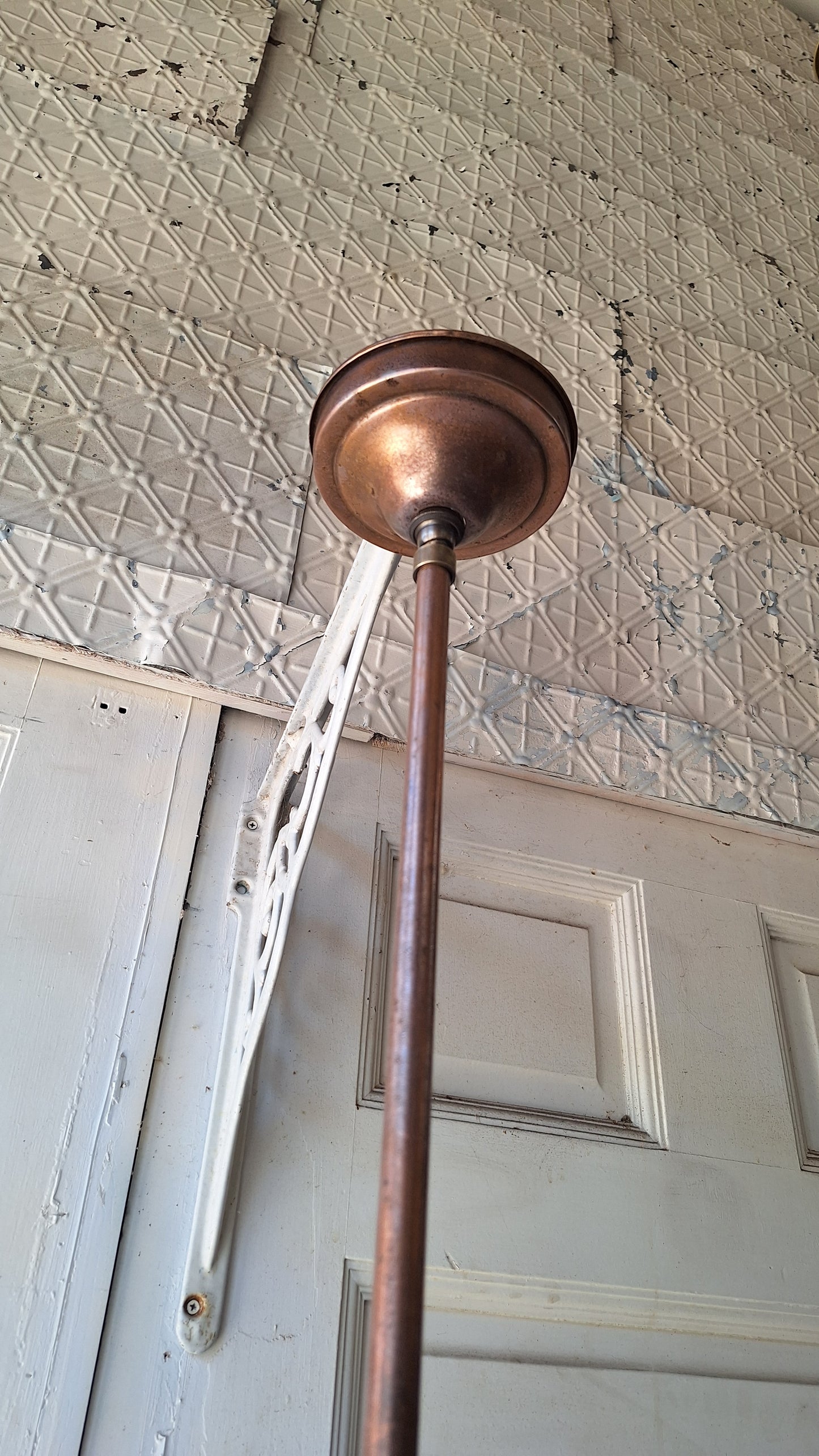 Vintage Pendant Light, White Glass Globe, Copper Color Schoolhouse Style