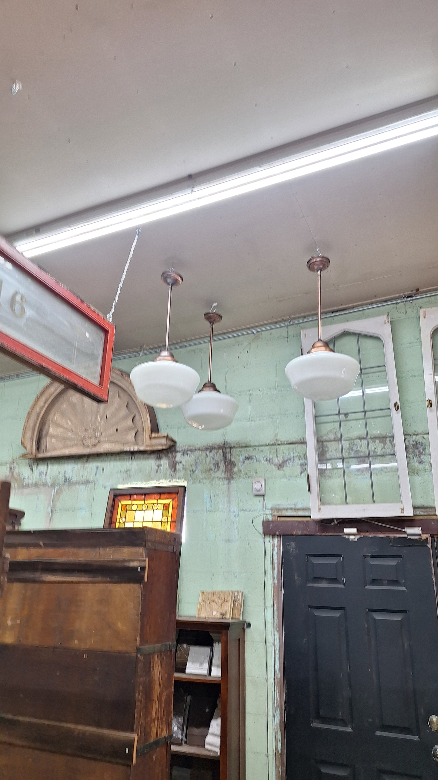 Vintage Pendant Light, White Glass Globe, Copper Color Schoolhouse Style