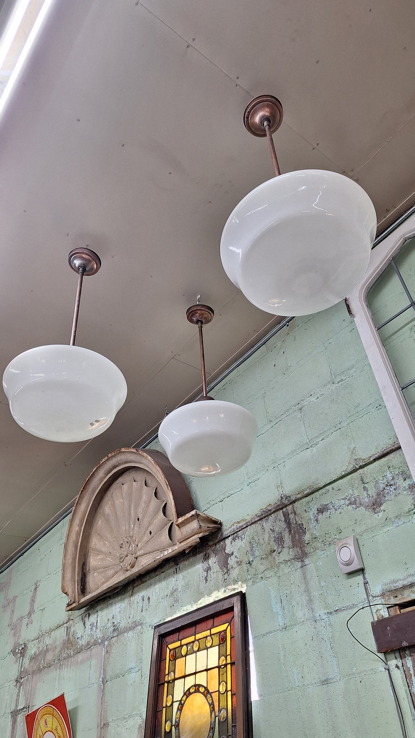 Vintage Pendant Light, White Glass Globe, Copper Color Schoolhouse Style