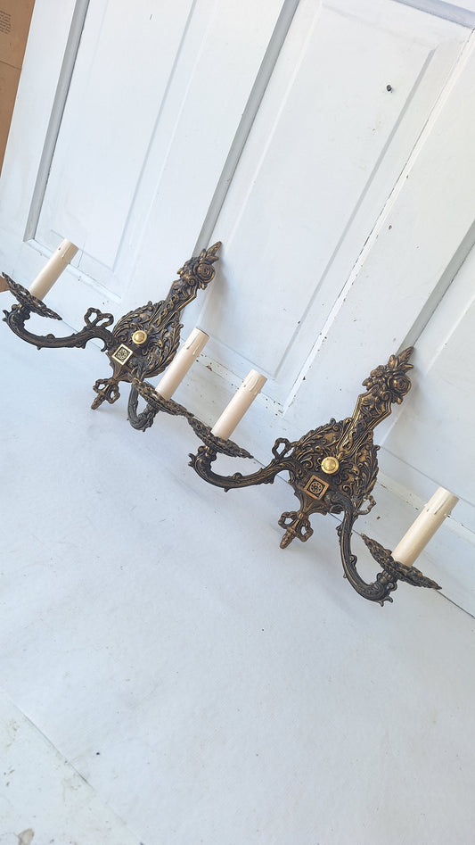 Two Mid Century Brass Sconces, MCM Candle Wall Lights