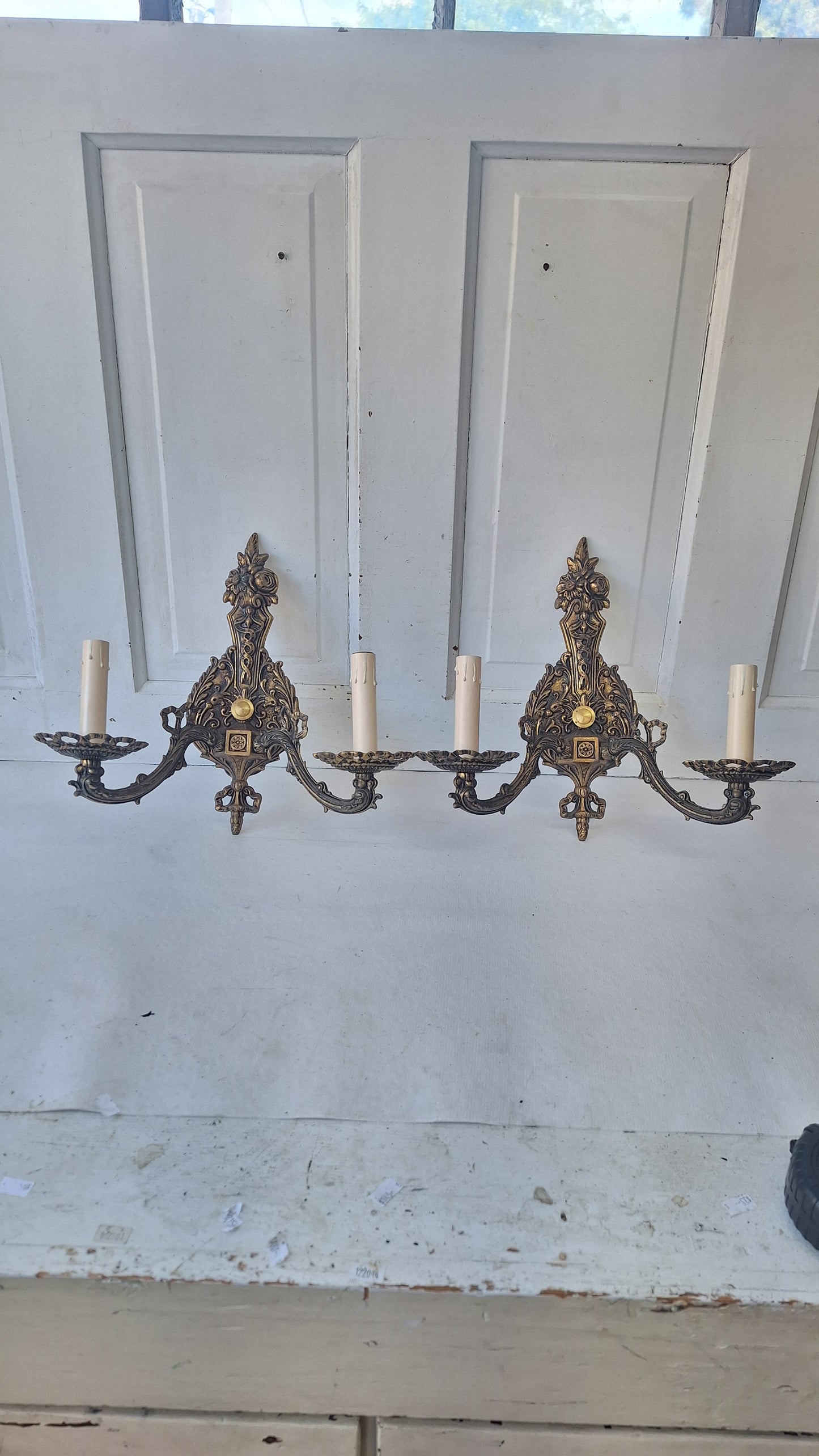 Two Mid Century Brass Sconces, MCM Candle Wall Lights