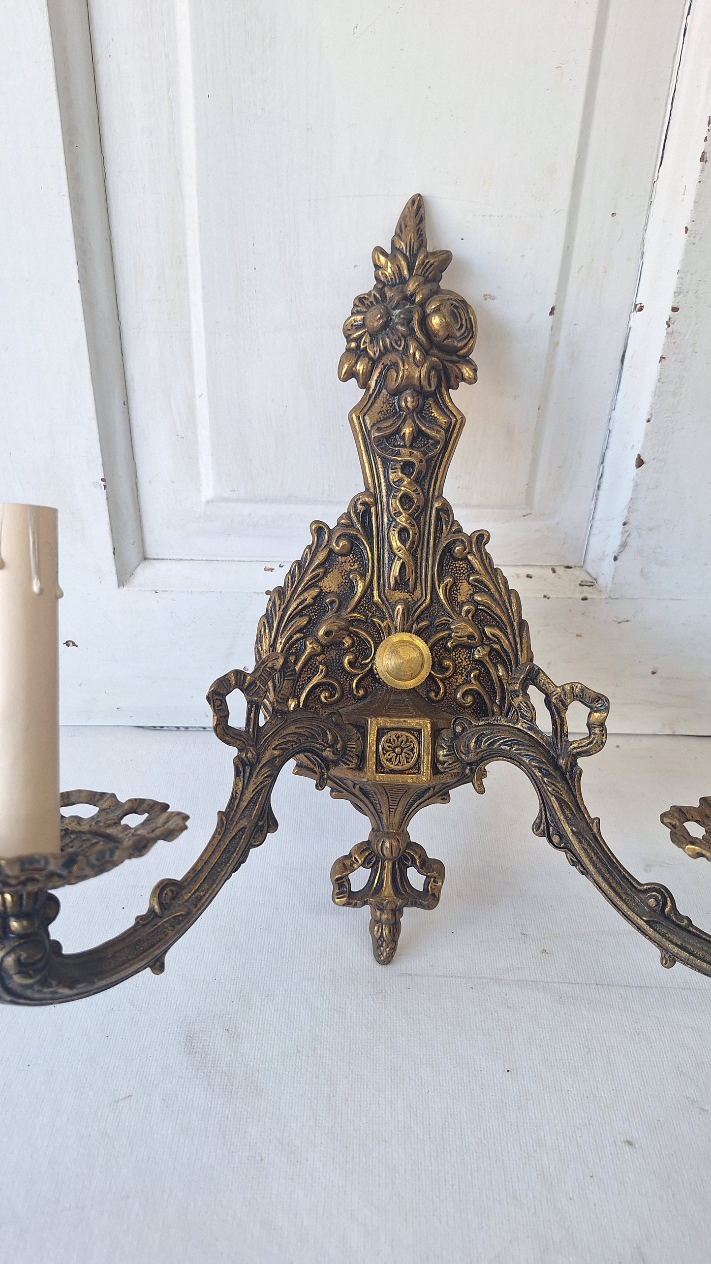 Two Mid Century Brass Sconces, MCM Candle Wall Lights