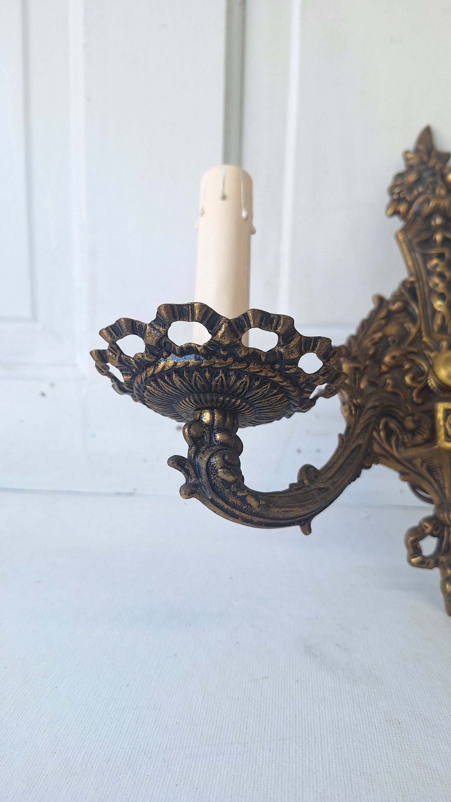 Two Mid Century Brass Sconces, MCM Candle Wall Lights