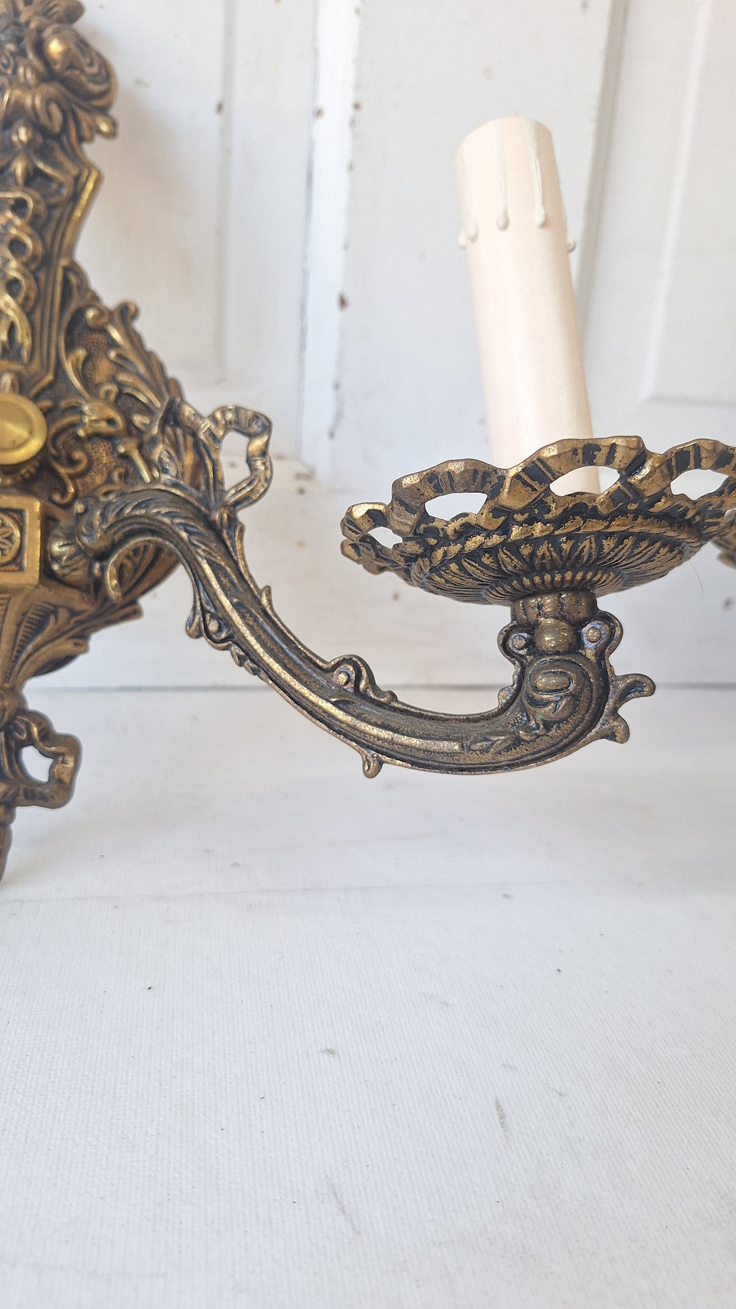 Two Mid Century Brass Sconces, MCM Candle Wall Lights