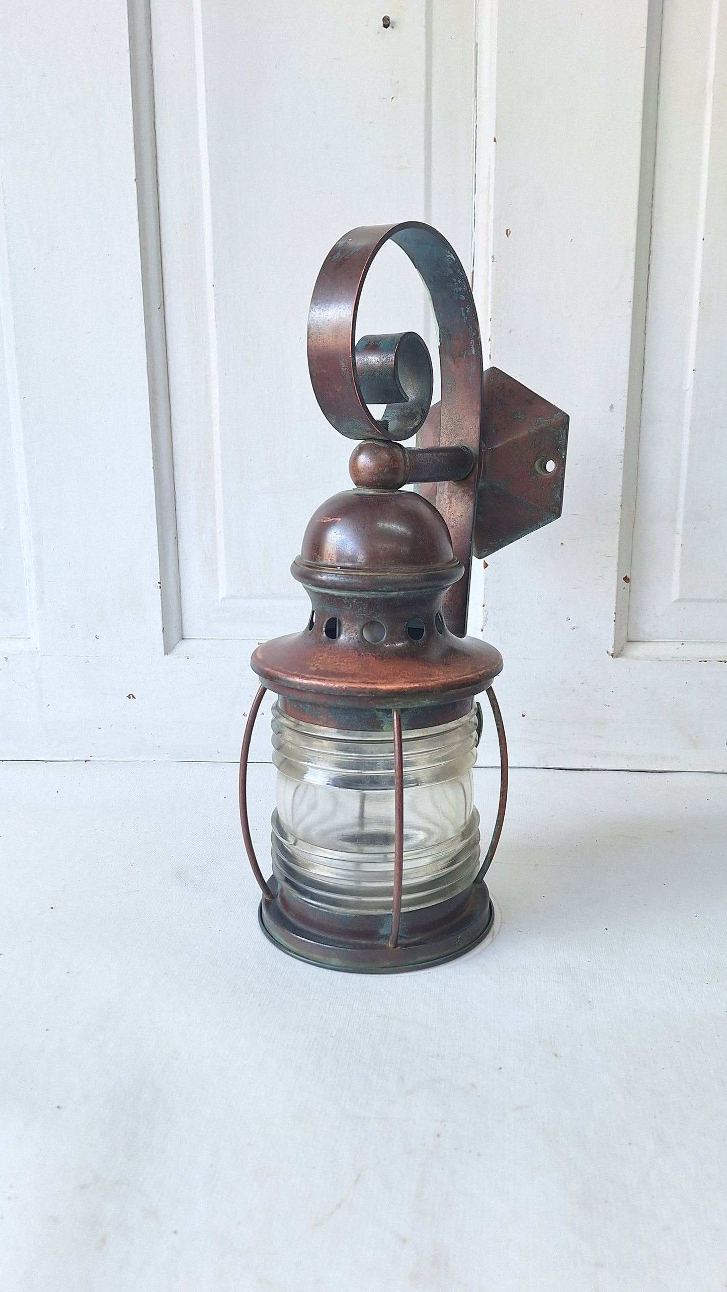 Antique Copper Wall Sconce: Ribbed Glass Lantern Light