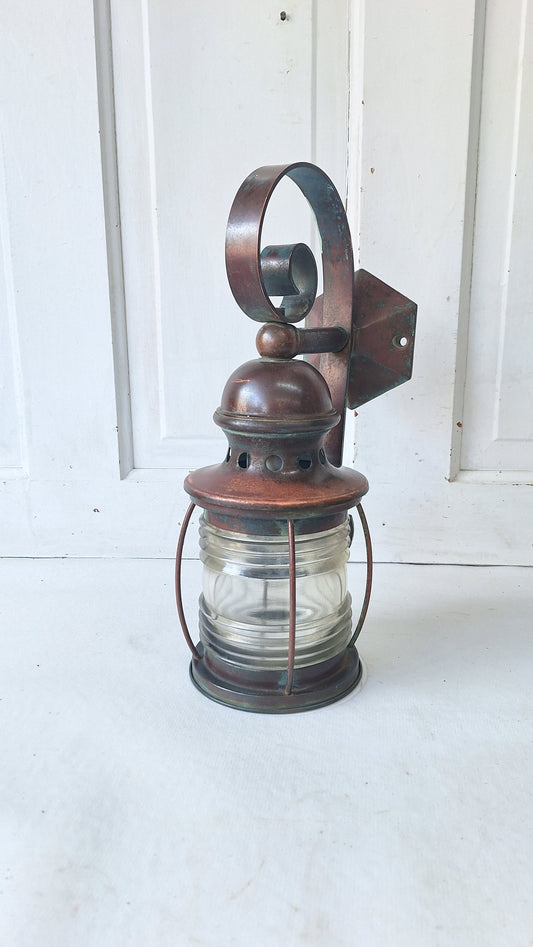 Antique Copper Wall Sconce: Ribbed Glass Lantern Light