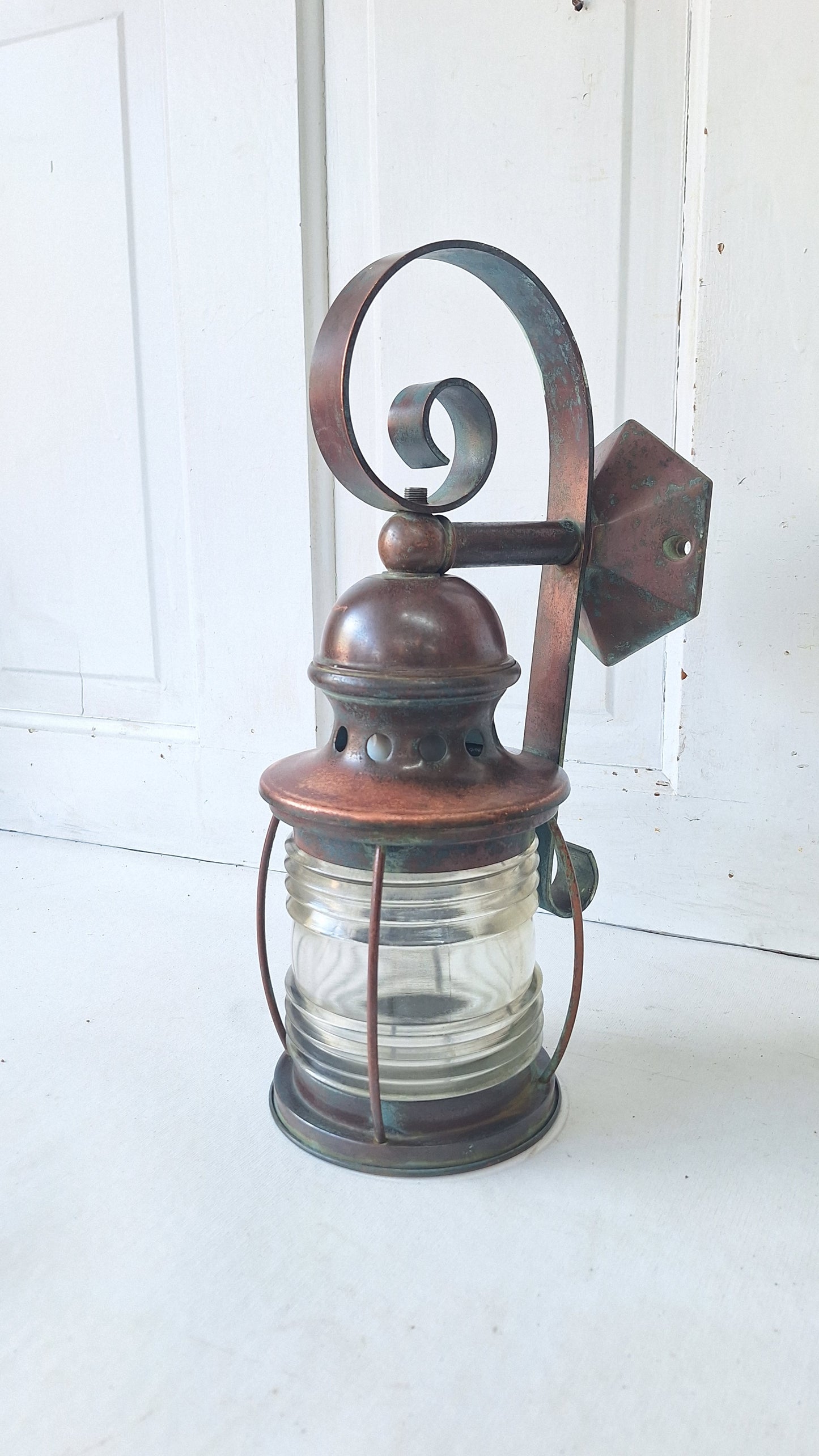 Antique Copper Wall Sconce: Ribbed Glass Lantern Light