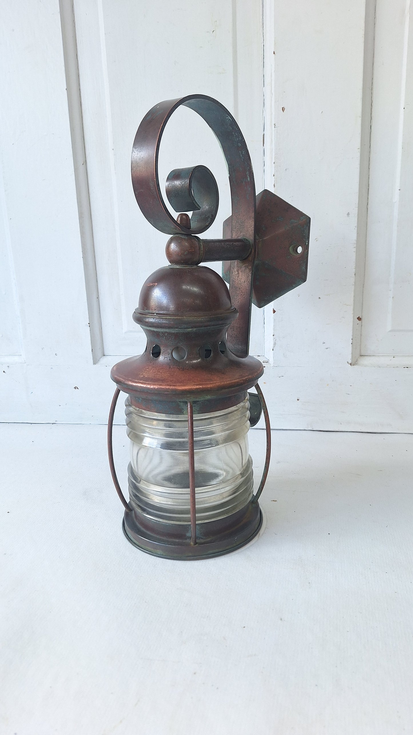 Antique Copper Wall Sconce: Ribbed Glass Lantern Light