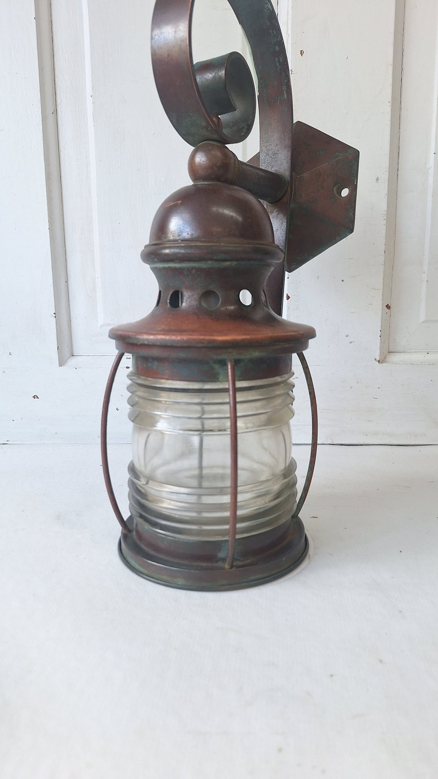 Antique Copper Wall Sconce: Ribbed Glass Lantern Light