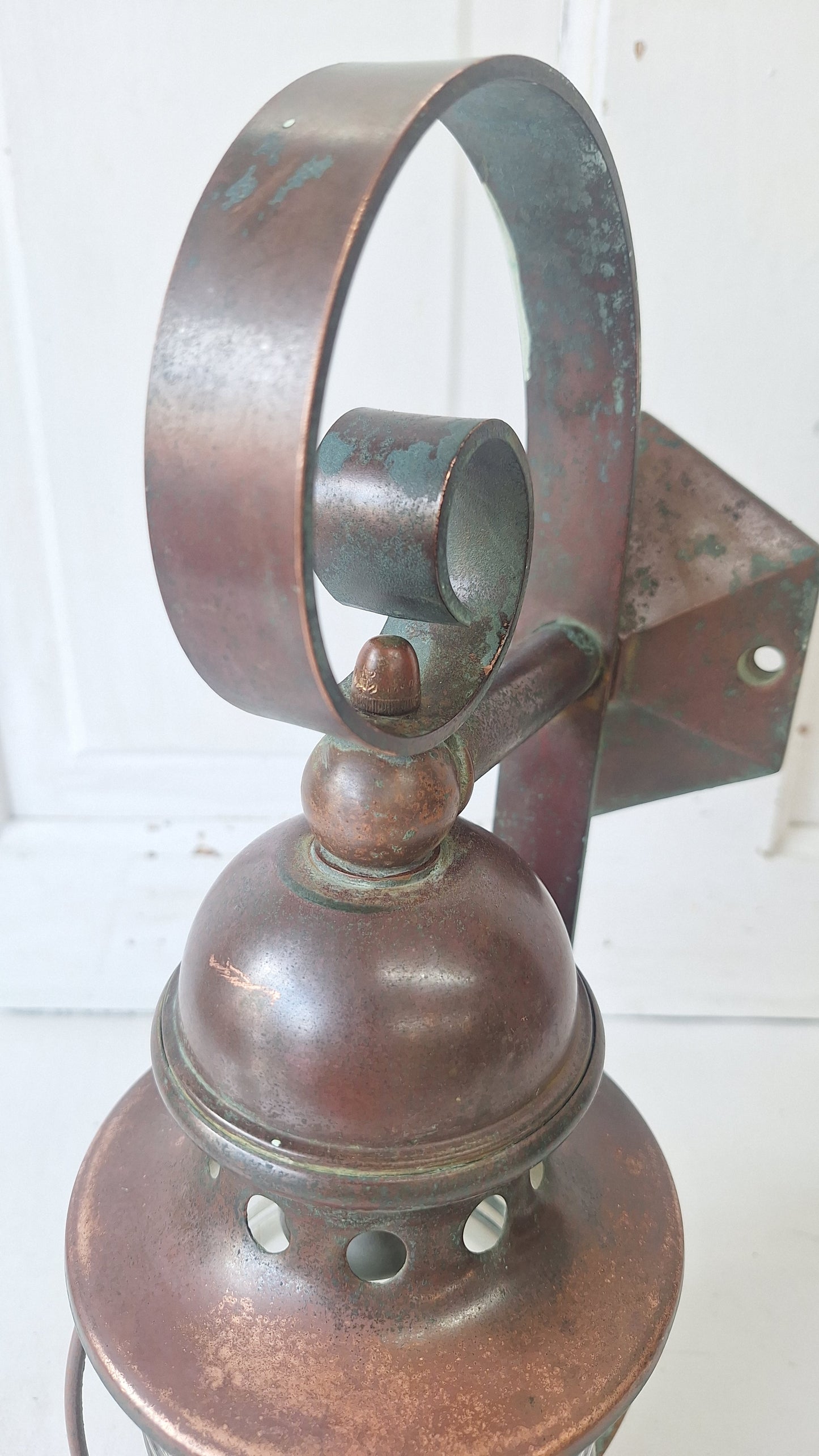 Antique Copper Wall Sconce: Ribbed Glass Lantern Light