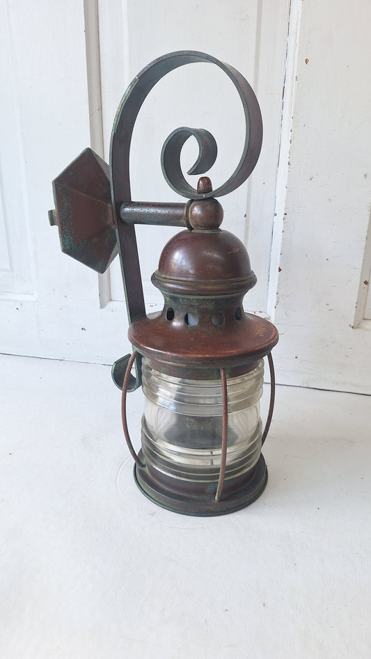 Antique Copper Wall Sconce: Ribbed Glass Lantern Light