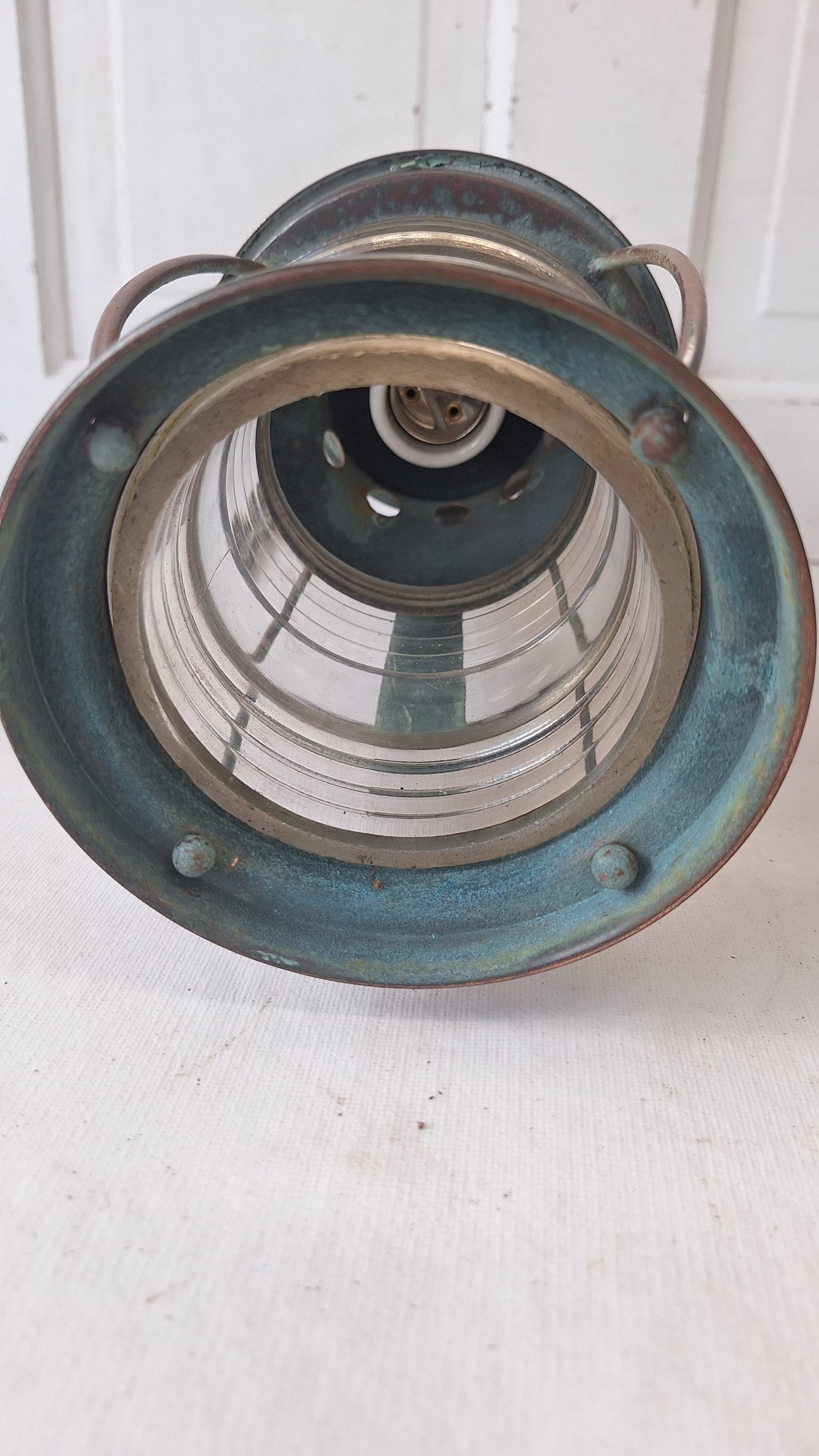 Antique Copper Wall Sconce: Ribbed Glass Lantern Light