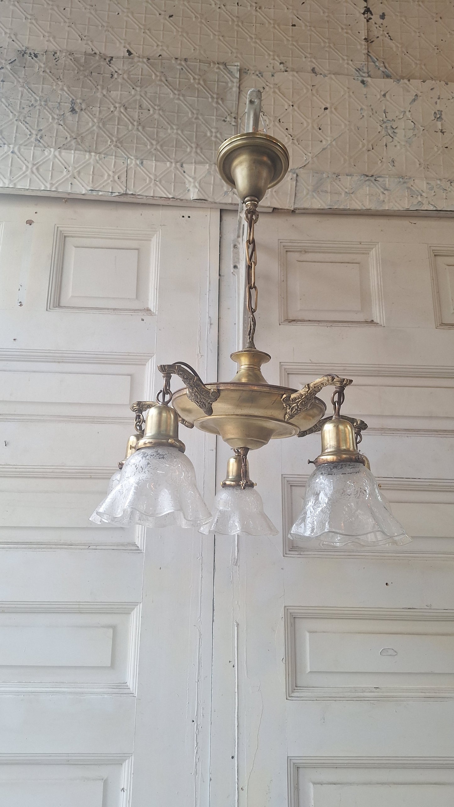 Antique Bronze Chandelier, Etched Glass Shades, Five Arm Pan Light
