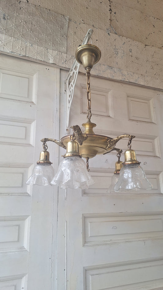 Antique Bronze Chandelier, Etched Glass Shades, Five Arm Pan Light
