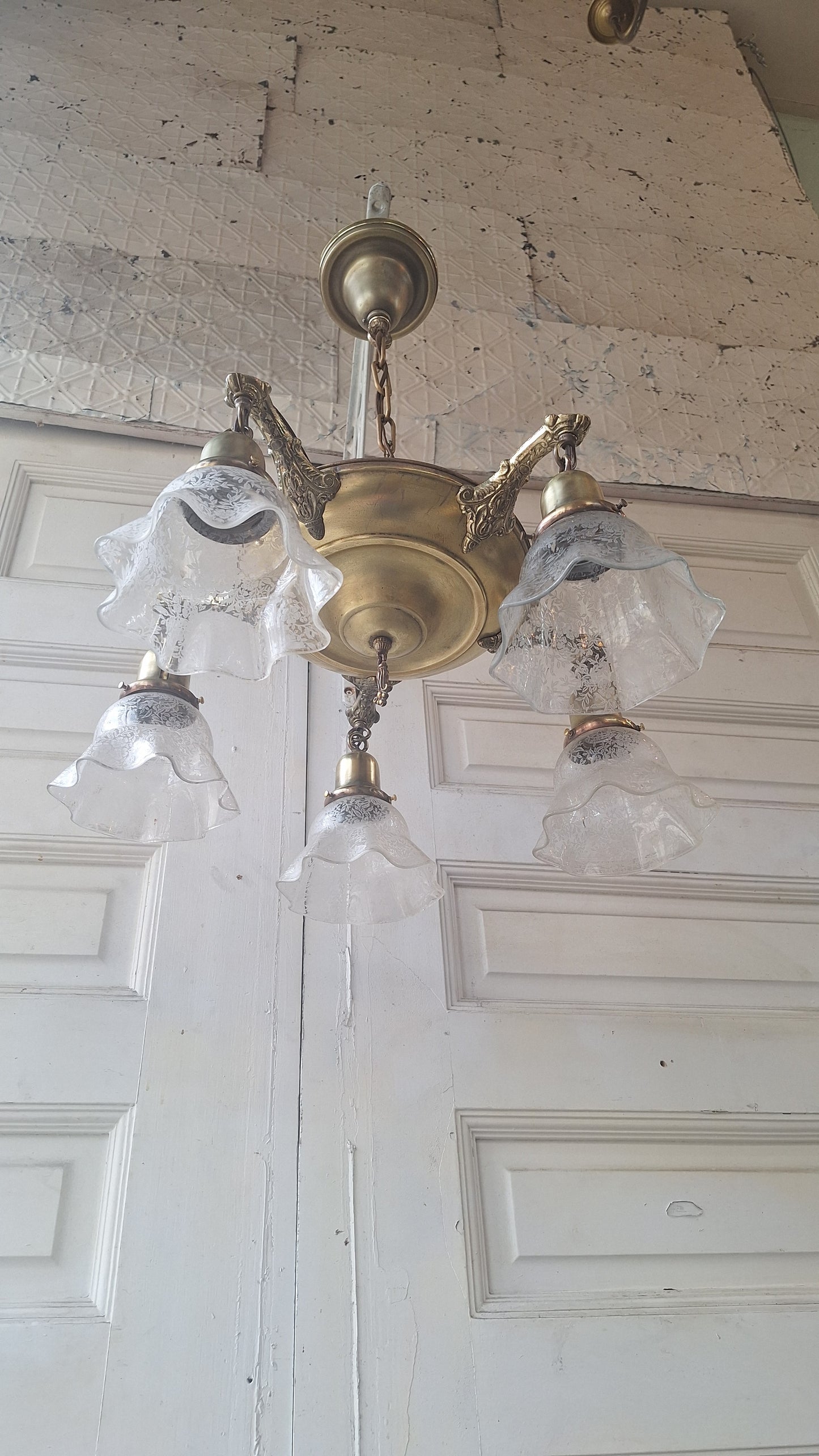 Antique Bronze Chandelier, Etched Glass Shades, Five Arm Pan Light