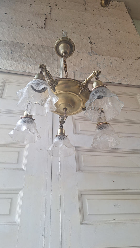 Antique Bronze Chandelier, Etched Glass Shades, Five Arm Pan Light