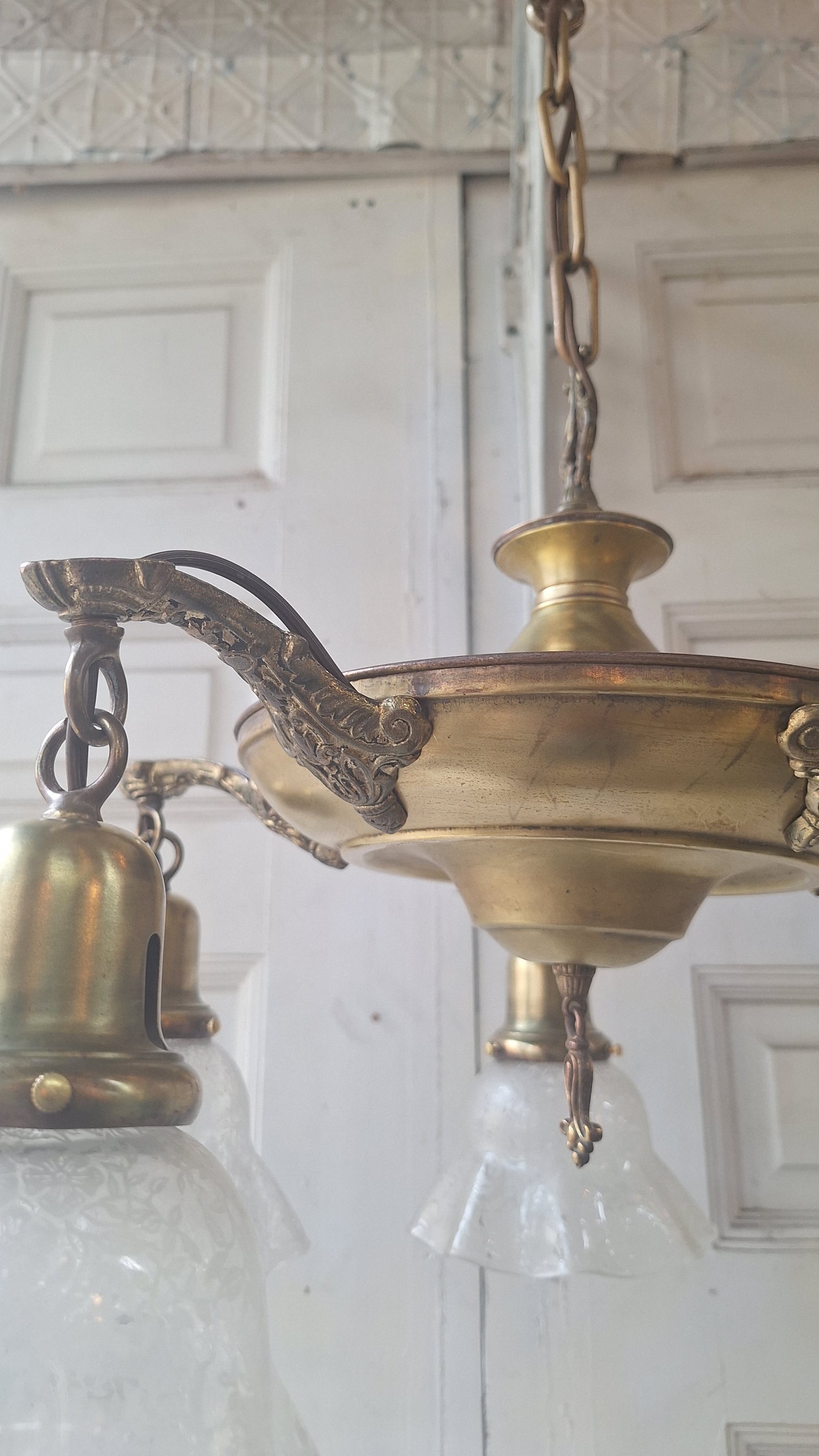 Antique Bronze Chandelier, Etched Glass Shades, Five Arm Pan Light