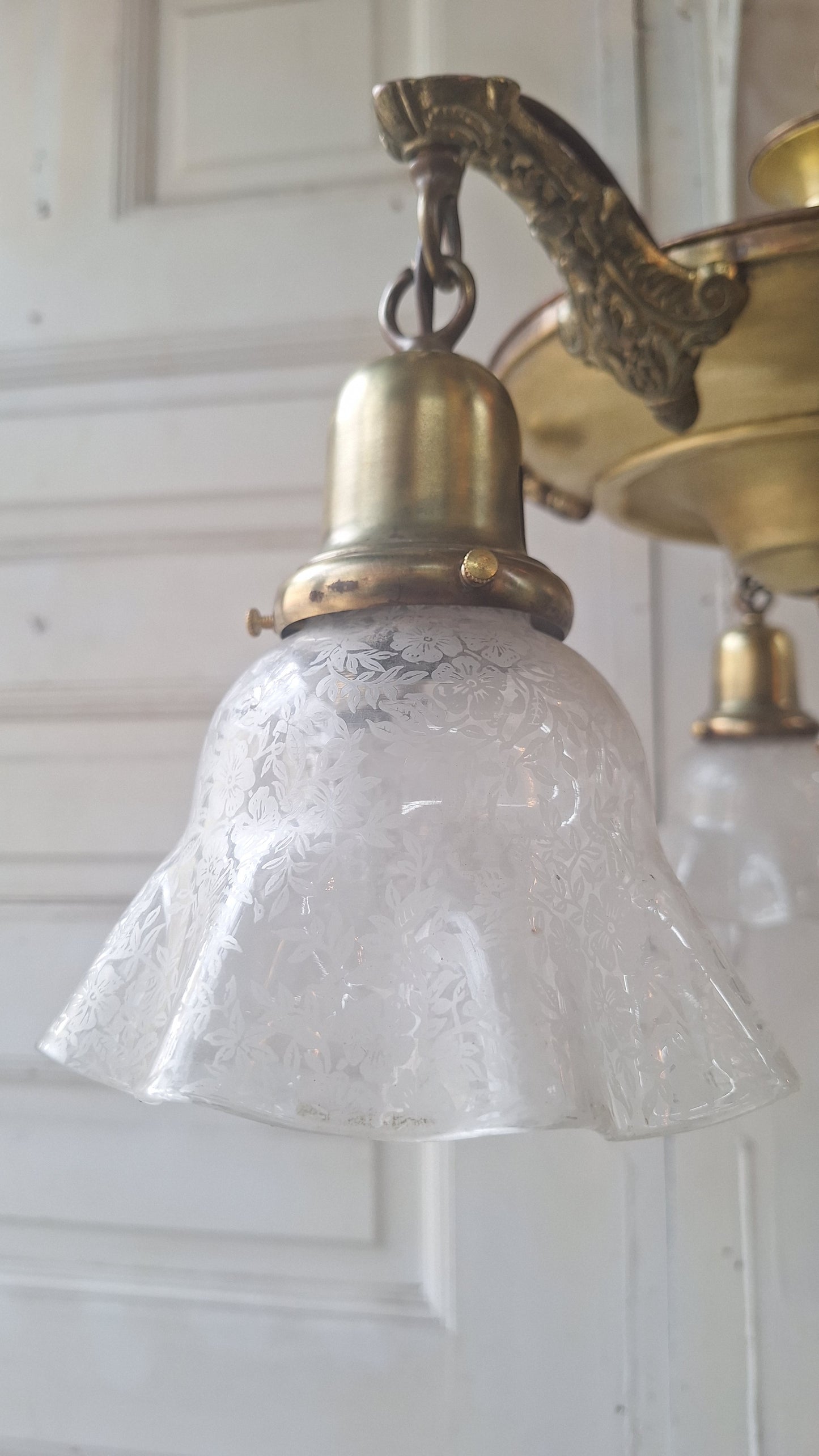 Antique Bronze Chandelier, Etched Glass Shades, Five Arm Pan Light