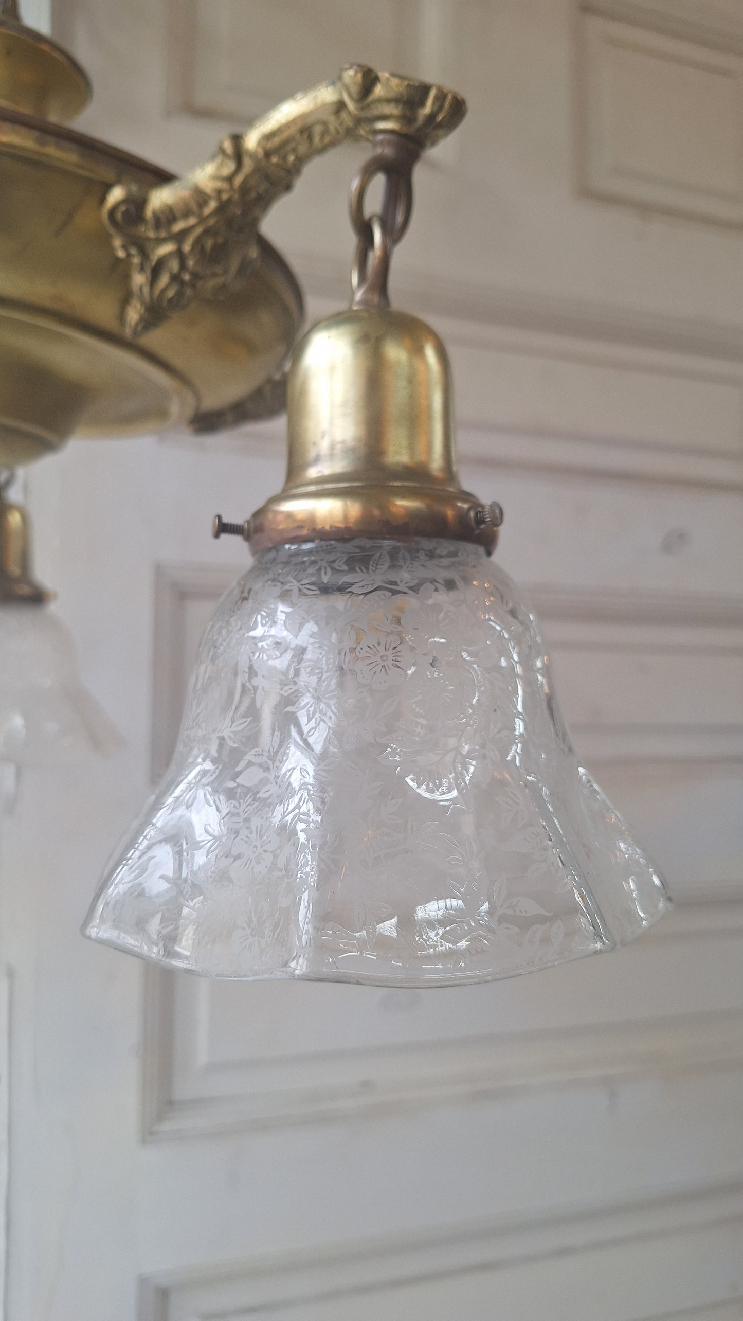 Antique Bronze Chandelier, Etched Glass Shades, Five Arm Pan Light