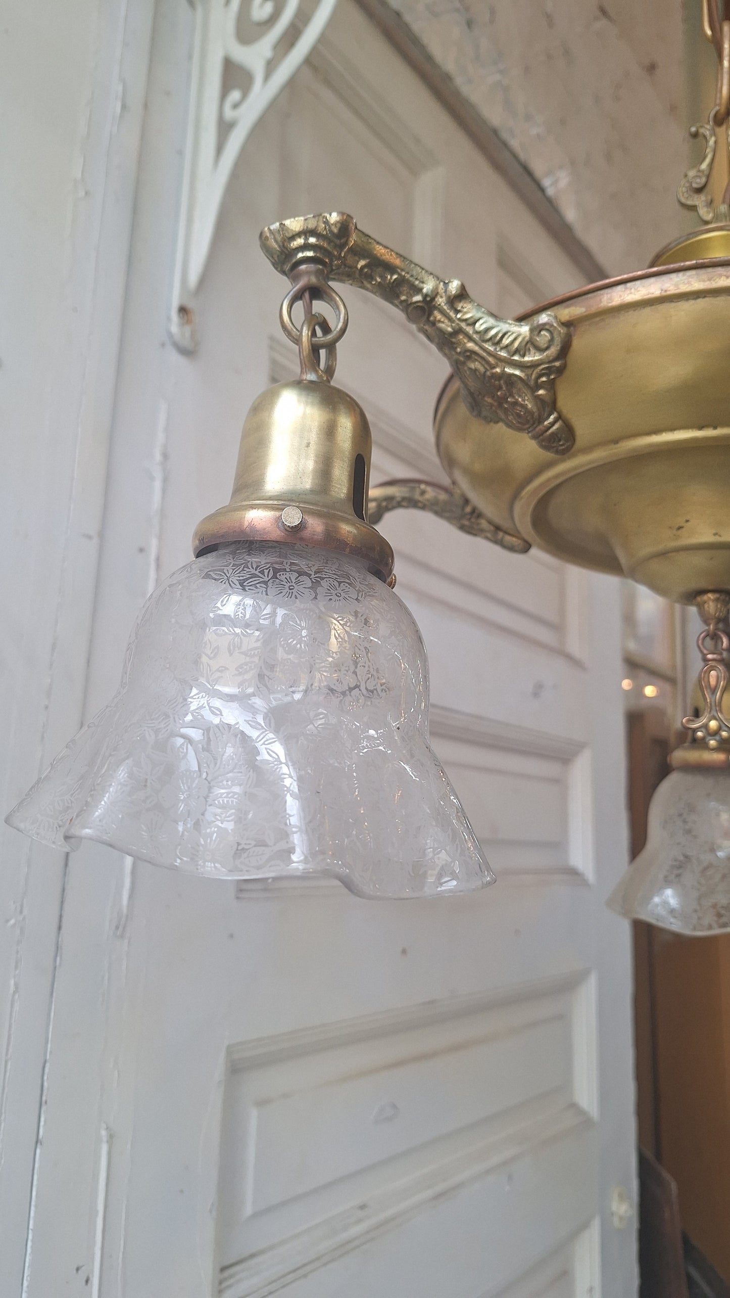 Antique Bronze Chandelier, Etched Glass Shades, Five Arm Pan Light