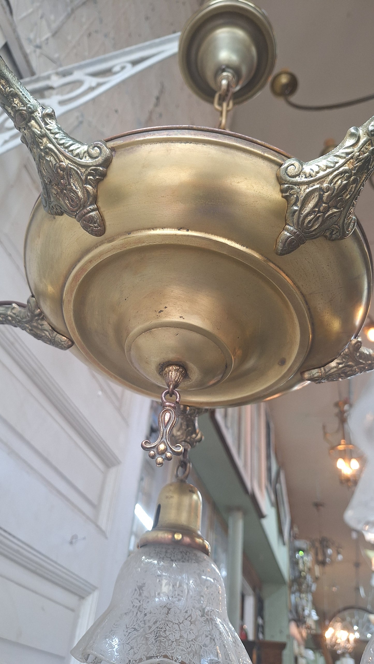 Antique Bronze Chandelier, Etched Glass Shades, Five Arm Pan Light