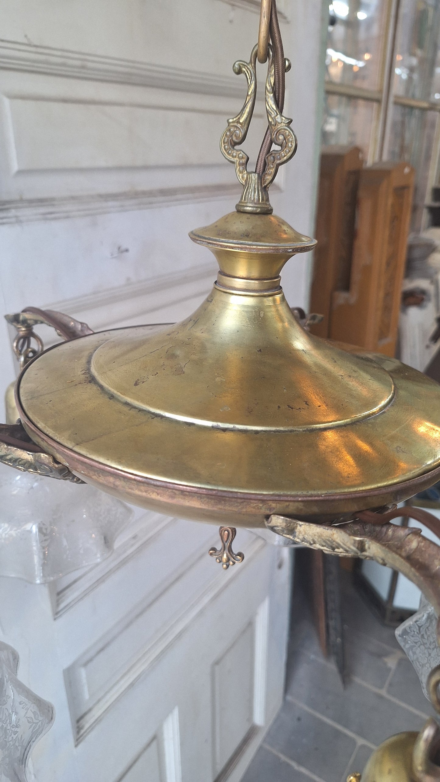 Antique Bronze Chandelier, Etched Glass Shades, Five Arm Pan Light
