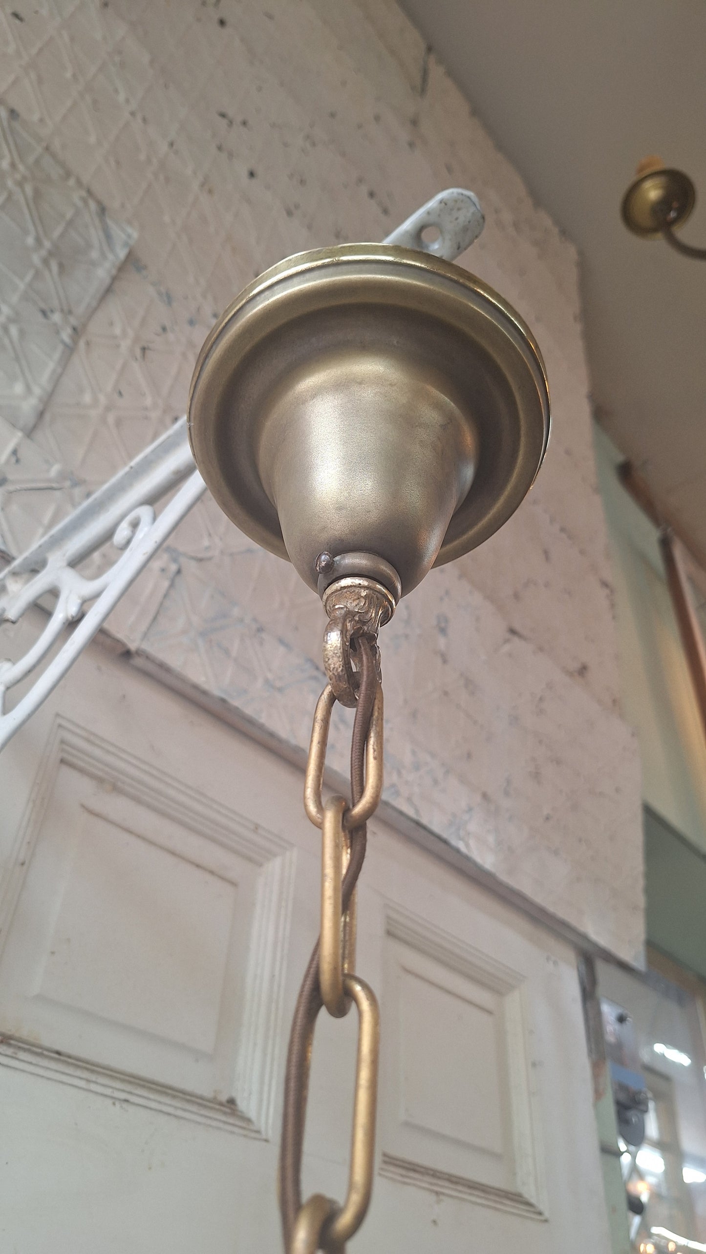 Antique Bronze Chandelier, Etched Glass Shades, Five Arm Pan Light