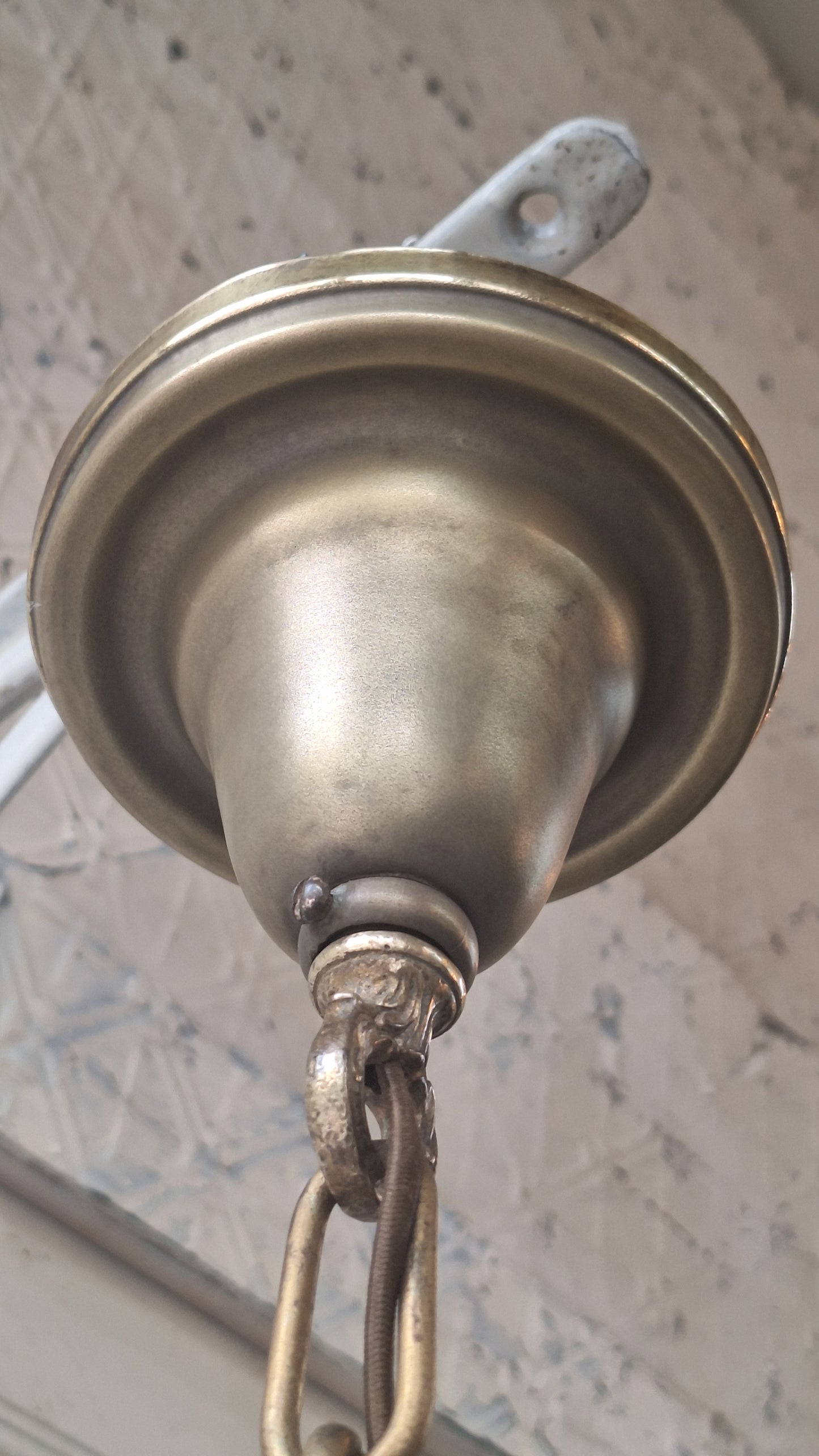 Antique Bronze Chandelier, Etched Glass Shades, Five Arm Pan Light