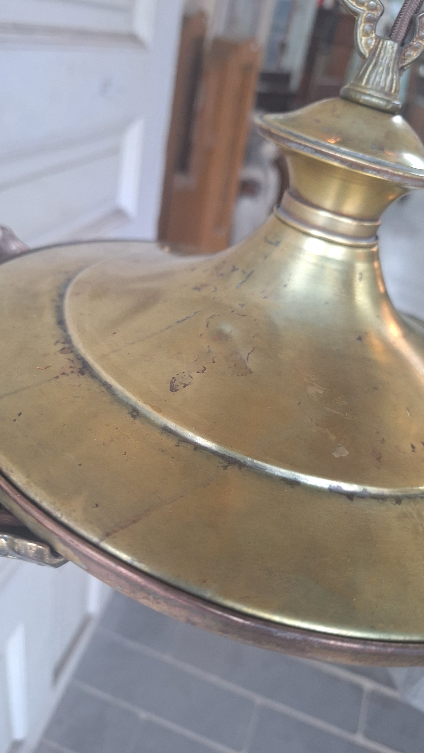 Antique Bronze Chandelier, Etched Glass Shades, Five Arm Pan Light
