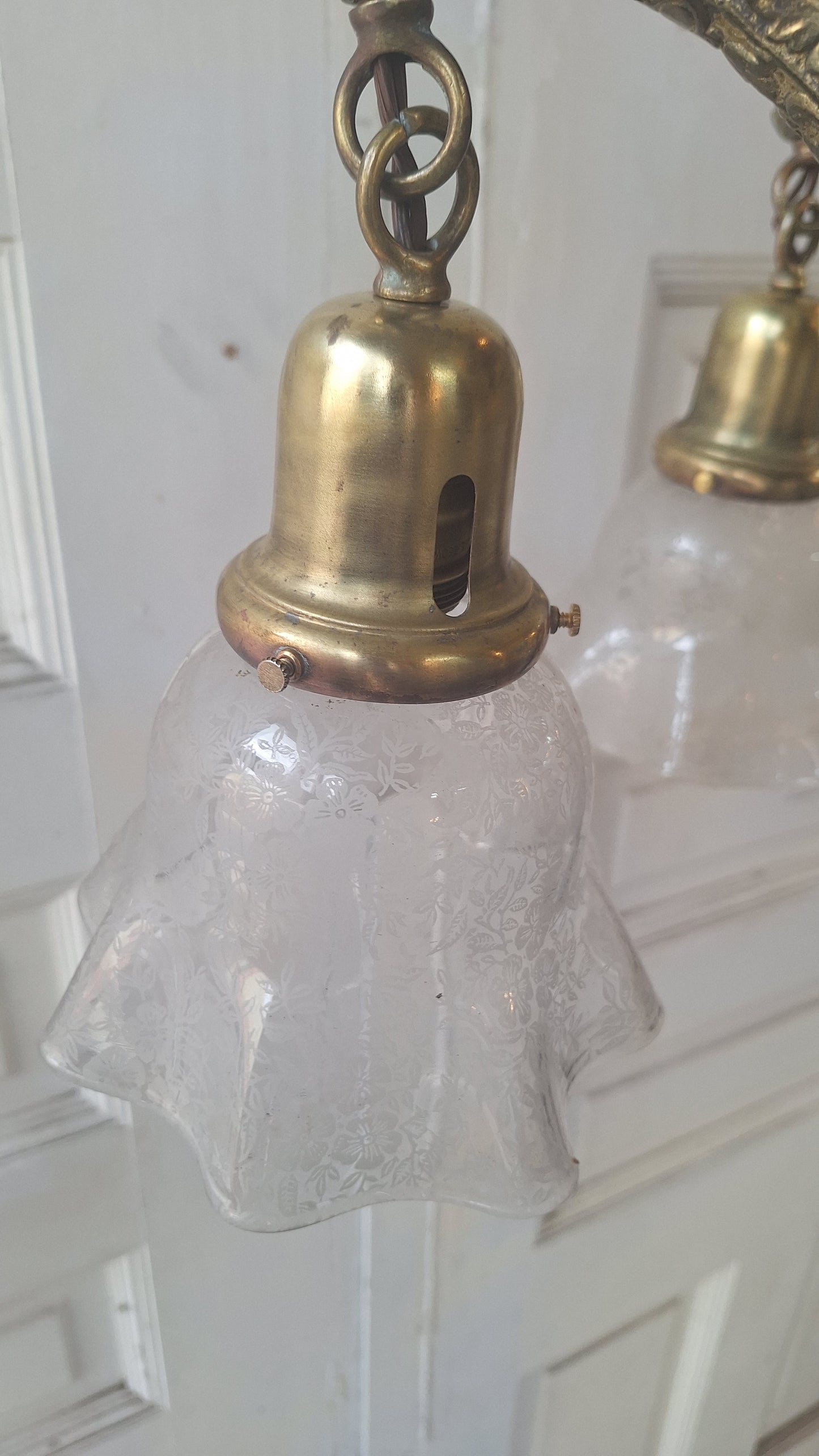 Antique Bronze Chandelier, Etched Glass Shades, Five Arm Pan Light