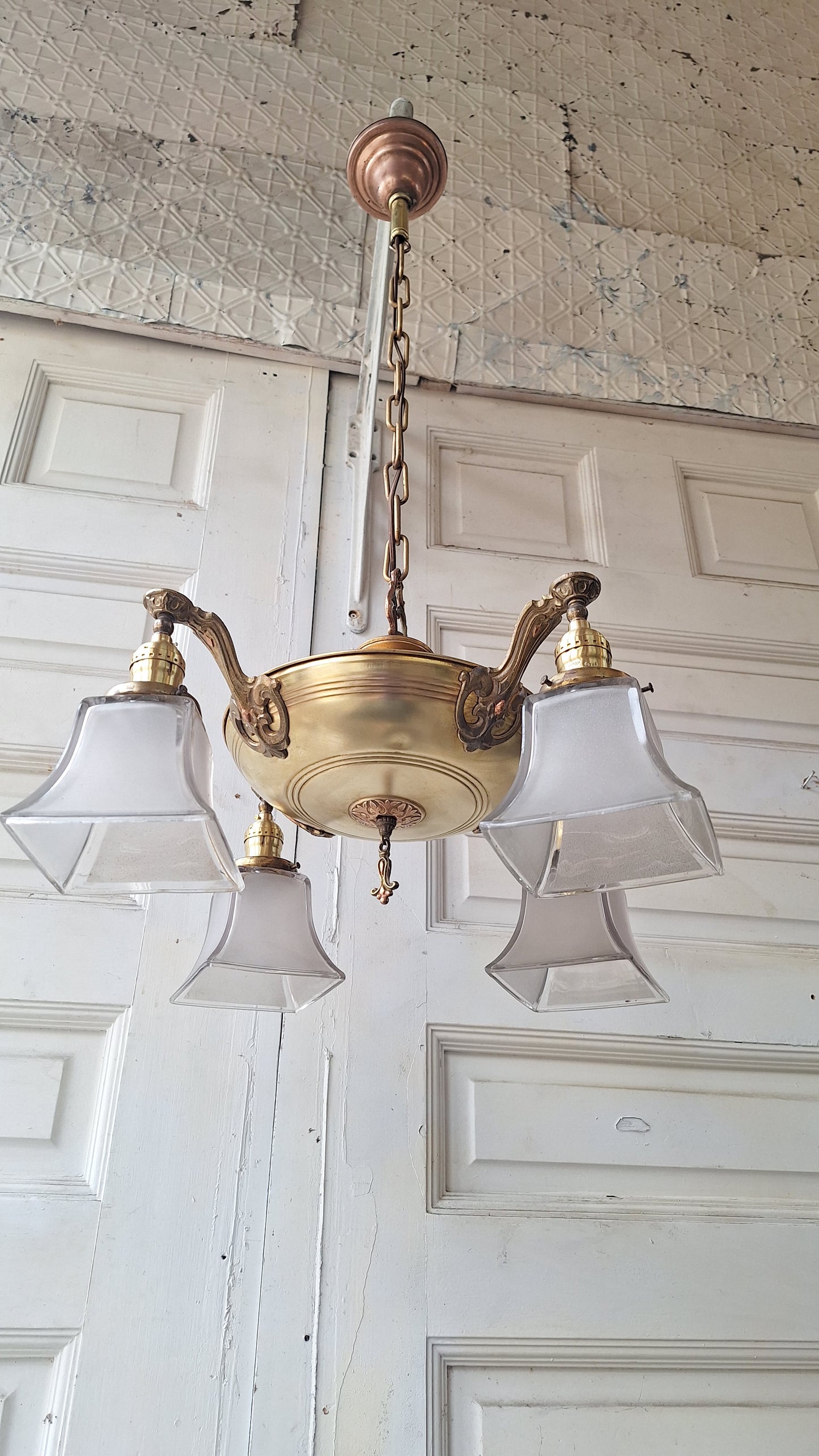 Antique Two Tone Pan Light with Square Glass Shades - Refurbished Chandelier