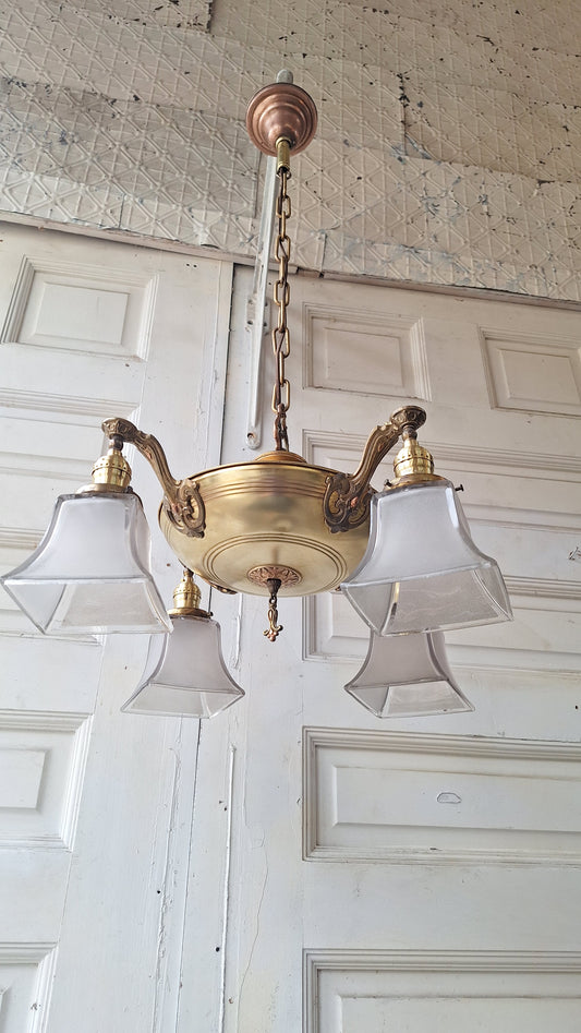 Antique Two Tone Pan Light with Square Glass Shades - Refurbished Chandelier