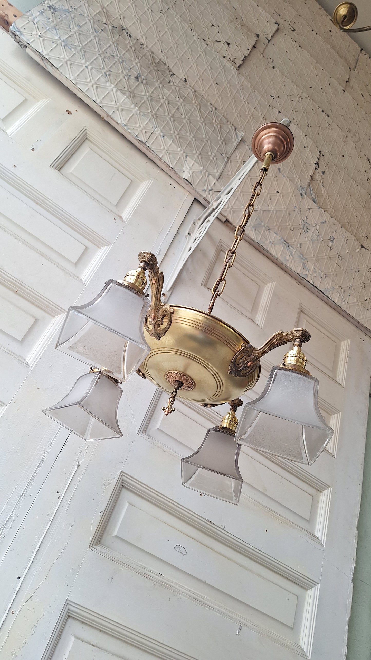 Antique Two Tone Pan Light with Square Glass Shades - Refurbished Chandelier