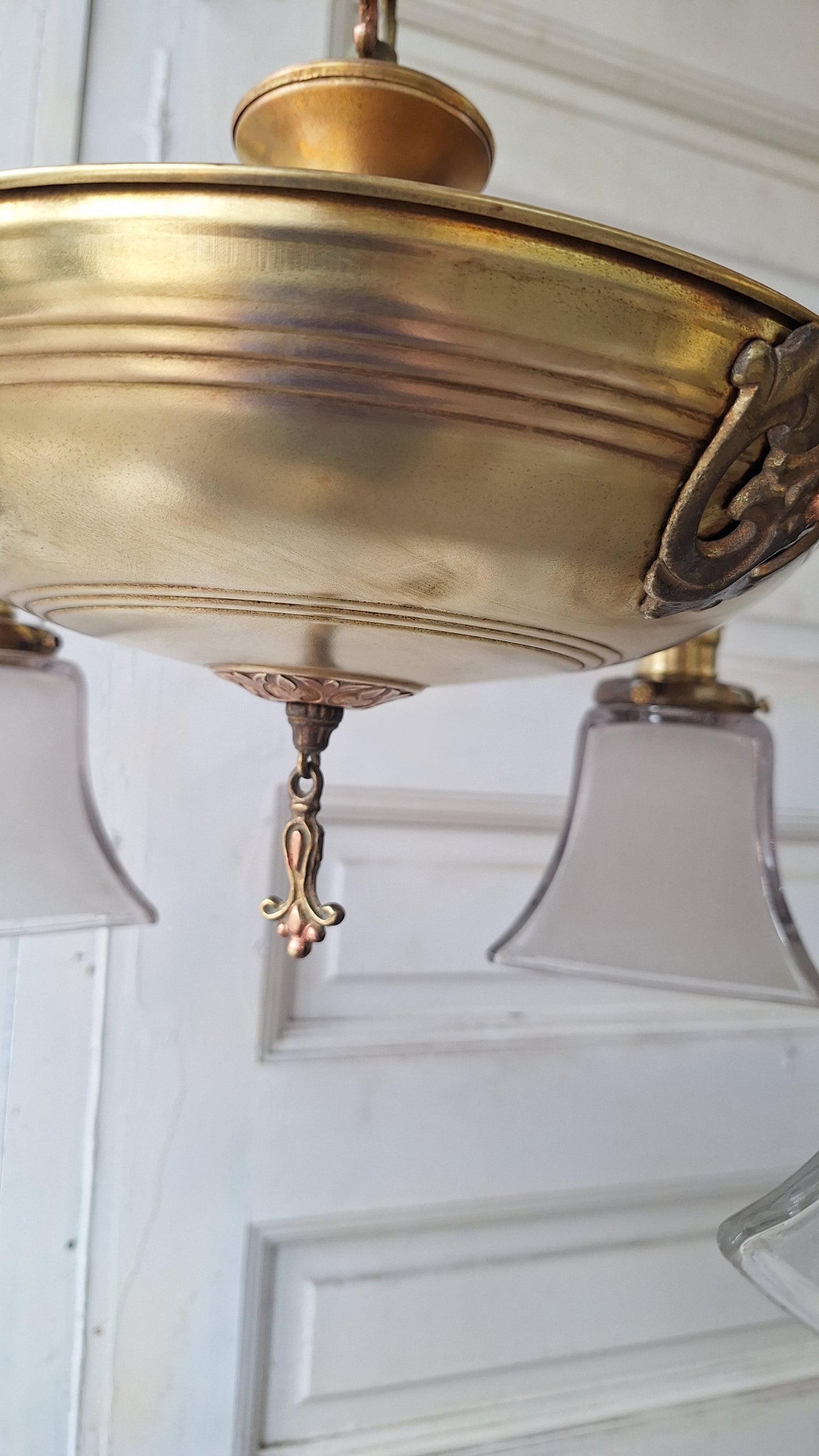 Antique Two Tone Pan Light with Square Glass Shades - Refurbished Chandelier