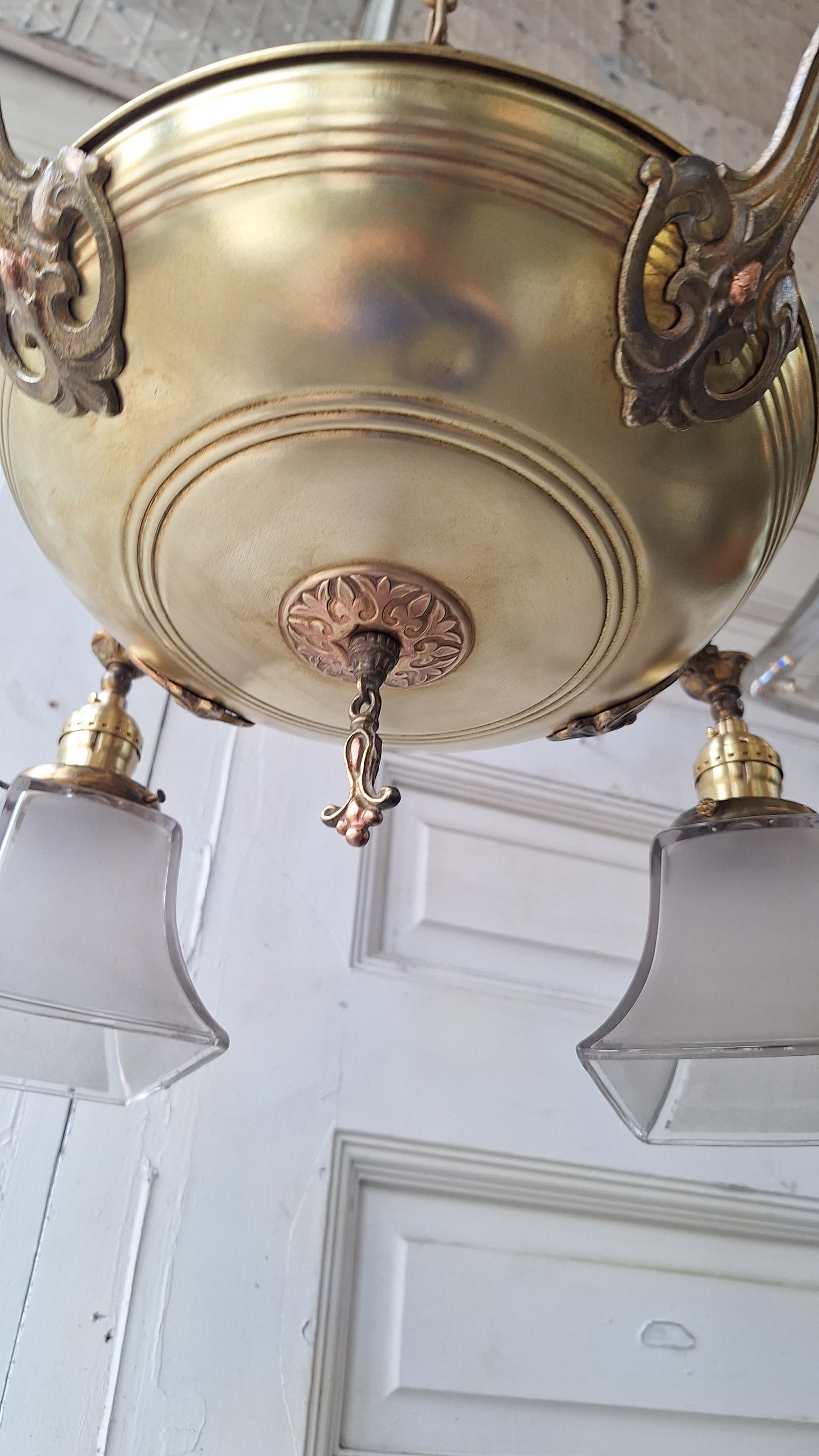 Antique Two Tone Pan Light with Square Glass Shades - Refurbished Chandelier