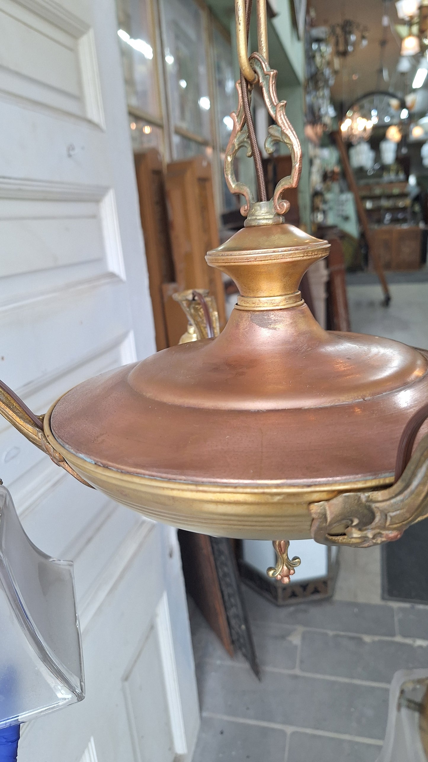Antique Two Tone Pan Light with Square Glass Shades - Refurbished Chandelier