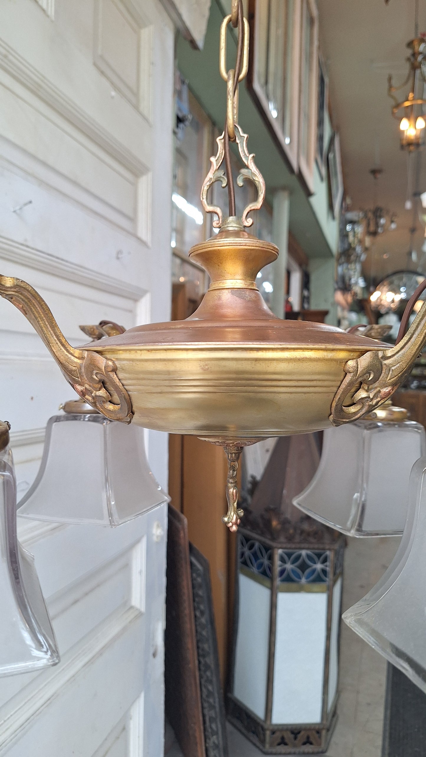Antique Two Tone Pan Light with Square Glass Shades - Refurbished Chandelier