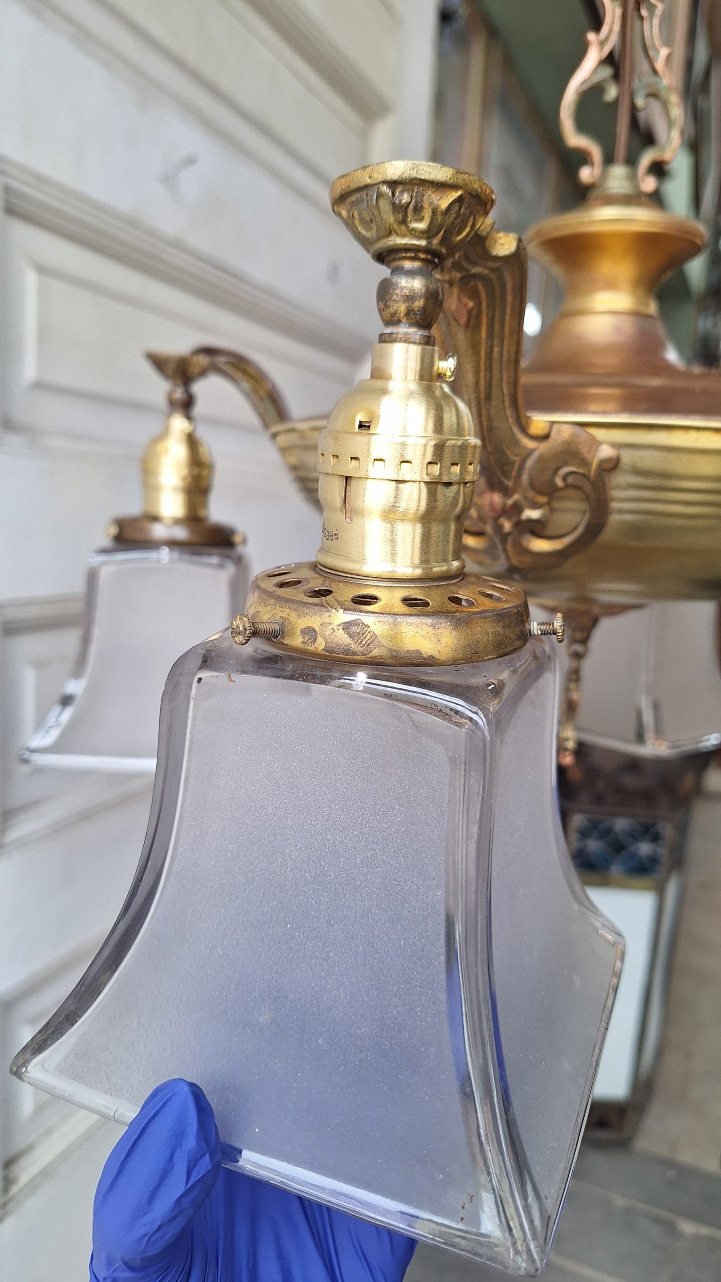 Antique Two Tone Pan Light with Square Glass Shades - Refurbished Chandelier