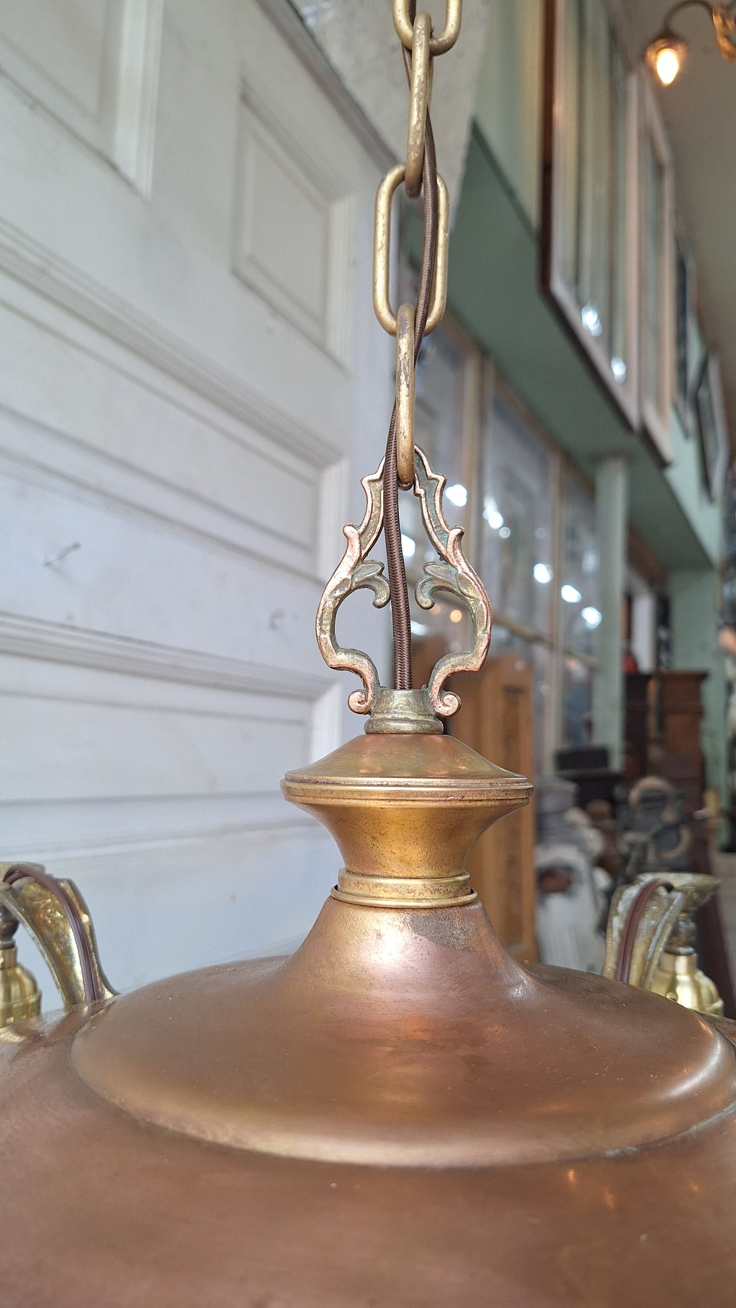 Antique Two Tone Pan Light with Square Glass Shades - Refurbished Chandelier