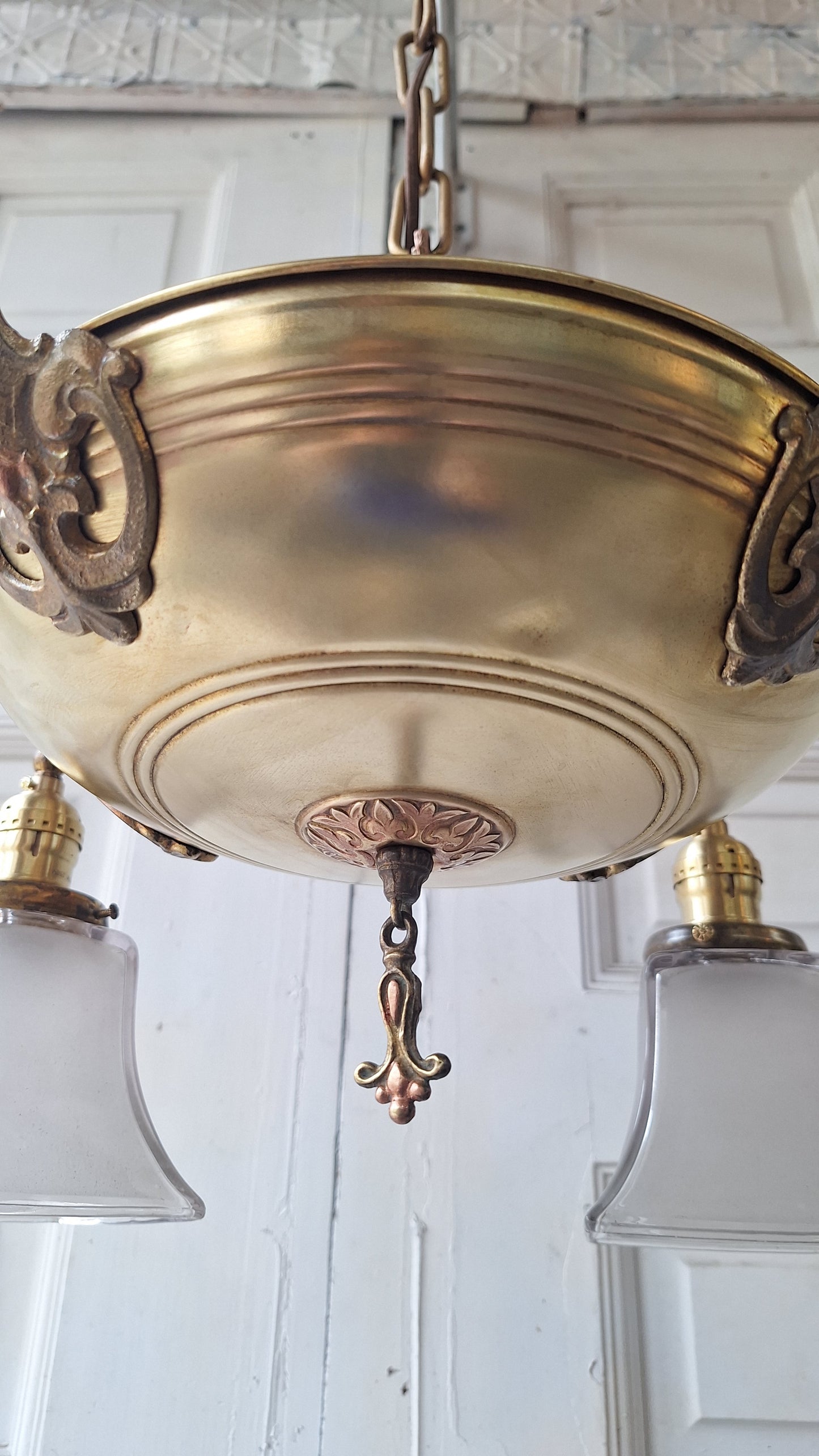 Antique Two Tone Pan Light with Square Glass Shades - Refurbished Chandelier
