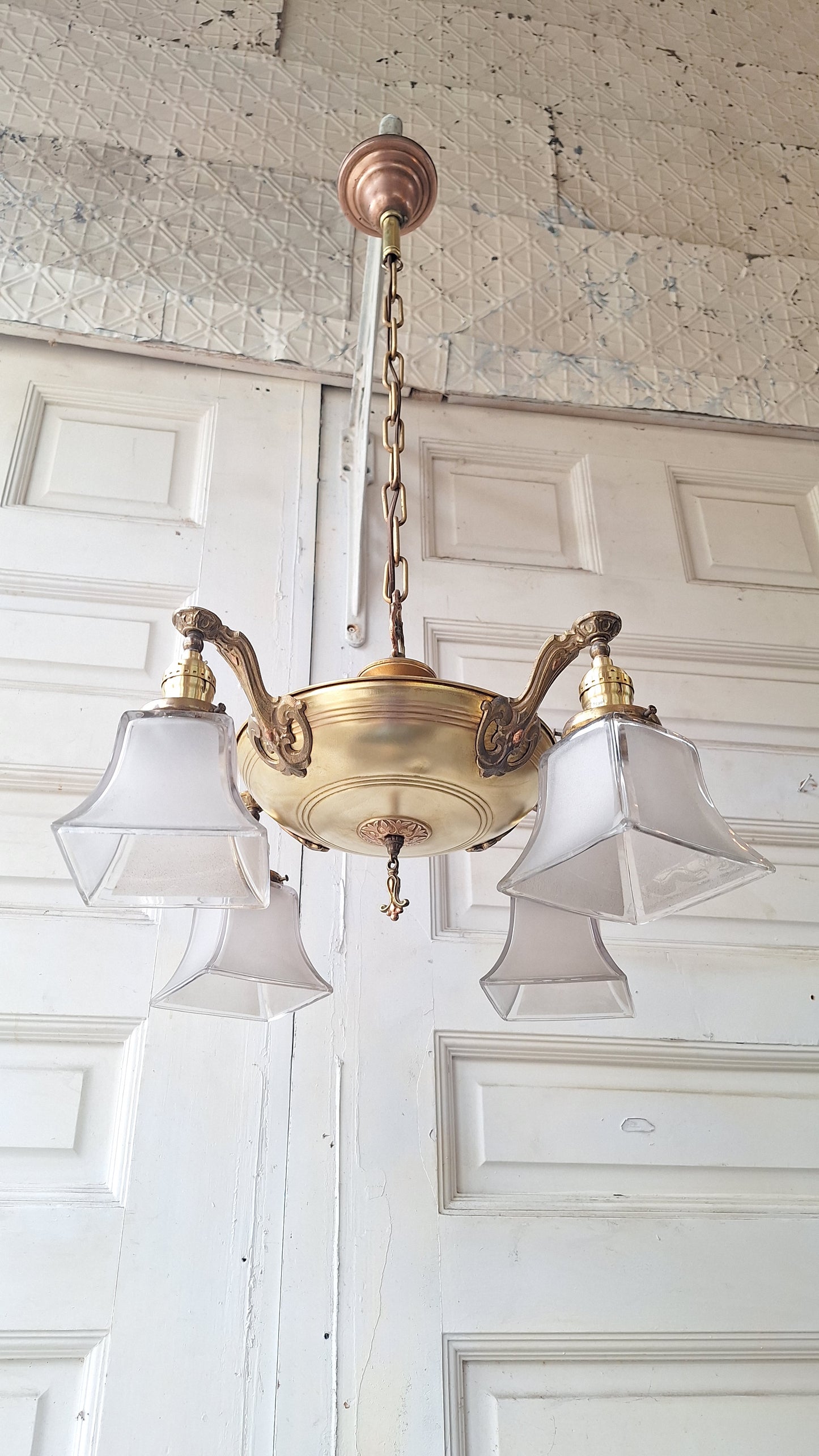 Antique Two Tone Pan Light with Square Glass Shades - Refurbished Chandelier