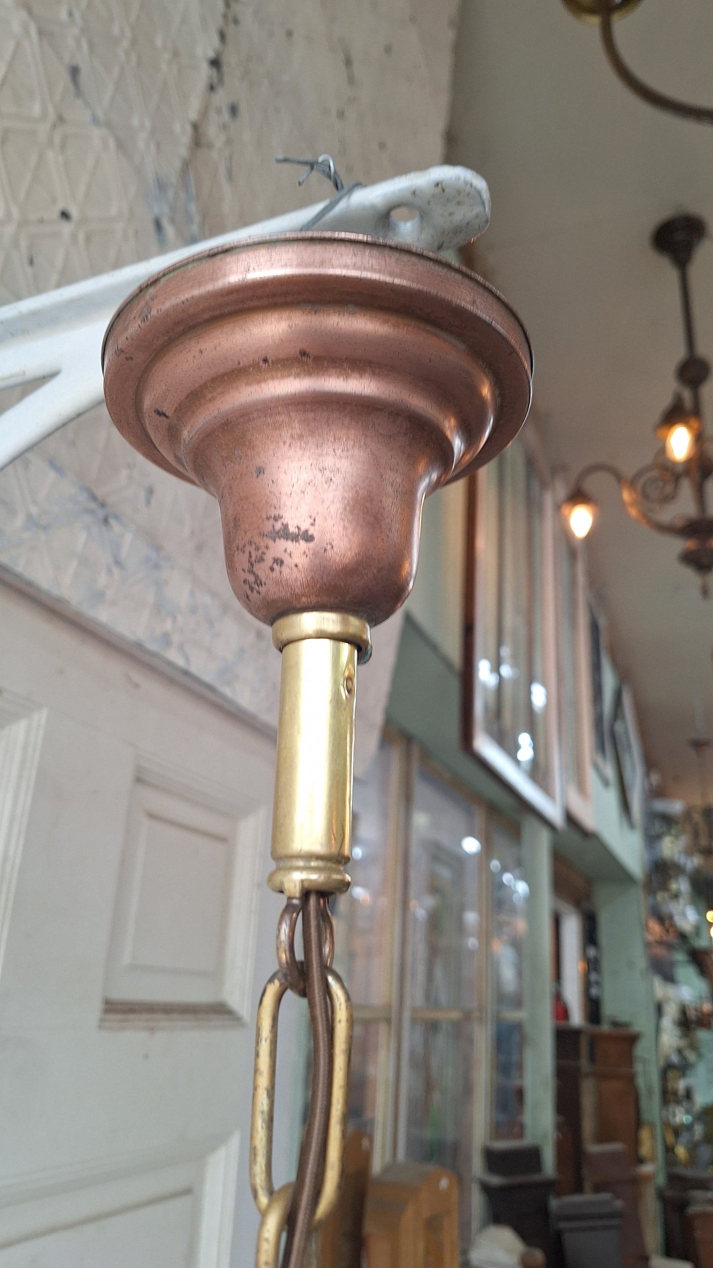 Antique Two Tone Pan Light with Square Glass Shades - Refurbished Chandelier