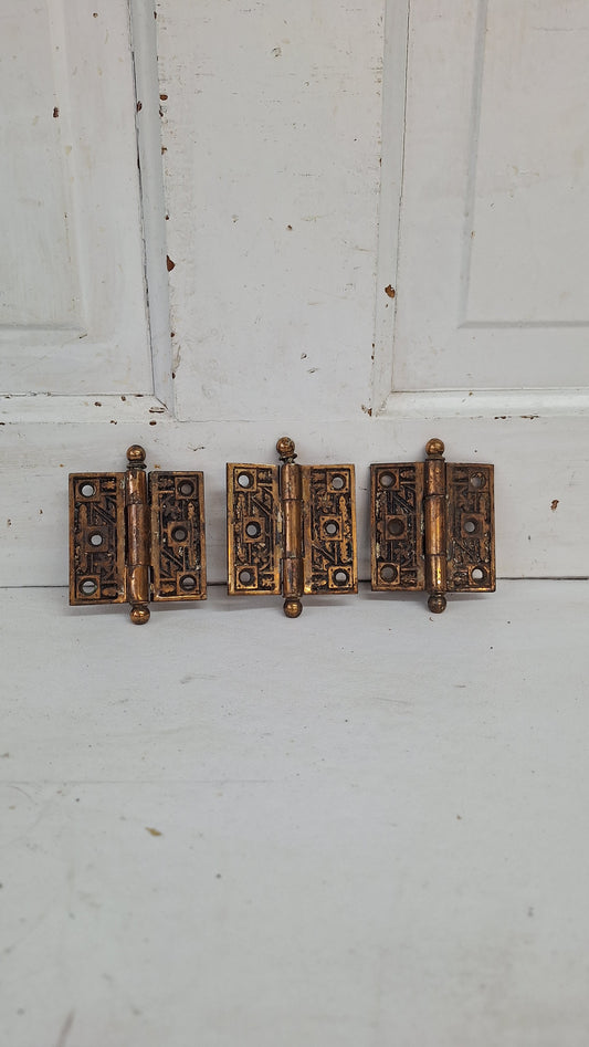 Three 2 1/2" Bronze Plated Hinges, Vintage Set of Brass Door Hinges