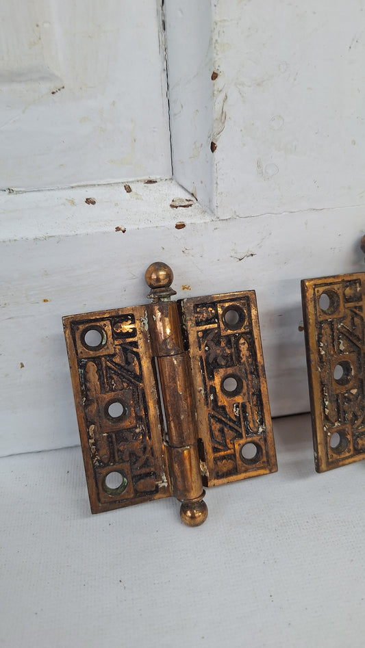 Three 2 1/2" Bronze Plated Hinges, Vintage Set of Brass Door Hinges