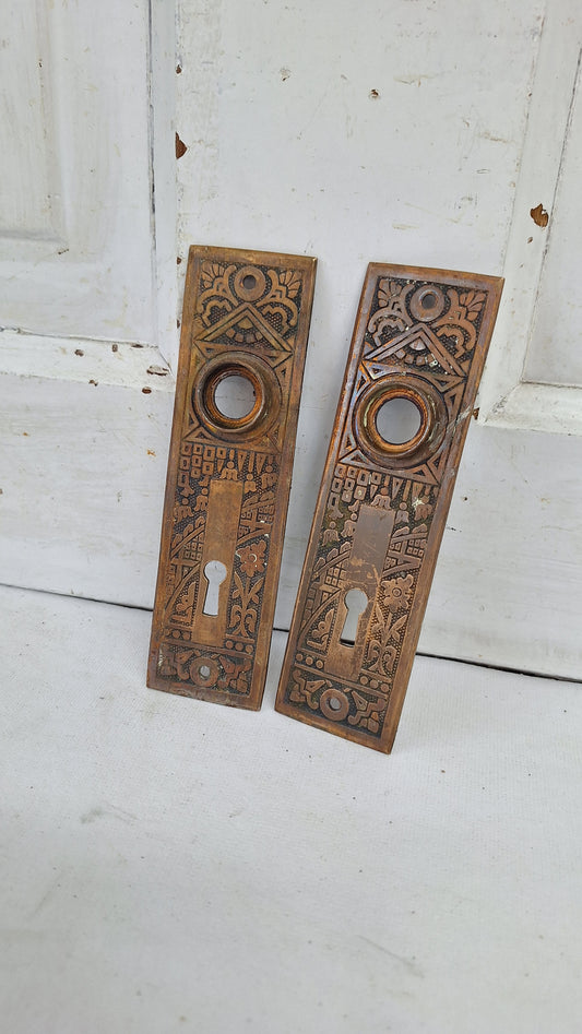 Two Antique Door Knob Plates, Eastlake Ceylon Pattern Backplates