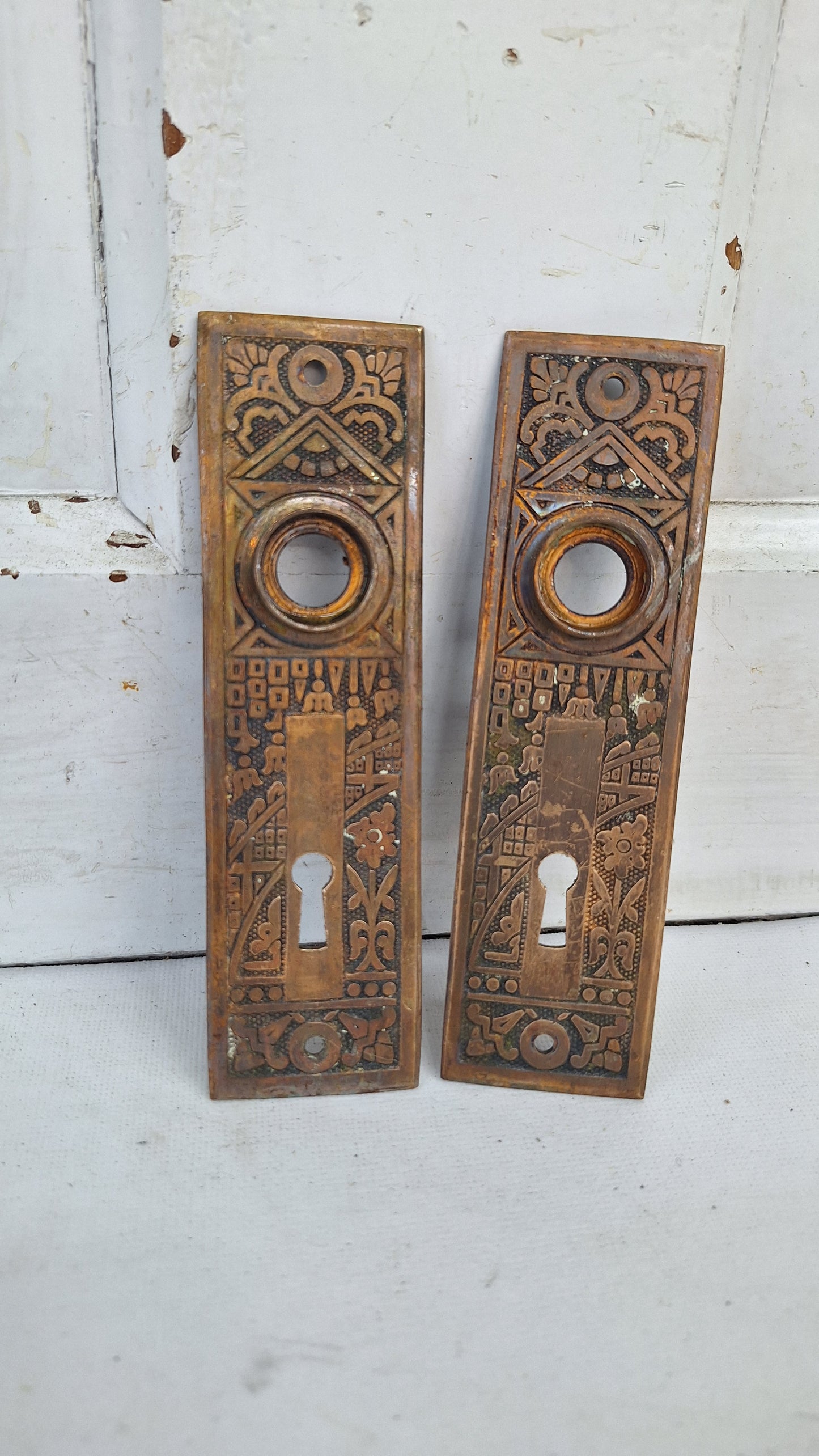Two Antique Door Knob Plates, Eastlake Ceylon Pattern Backplates