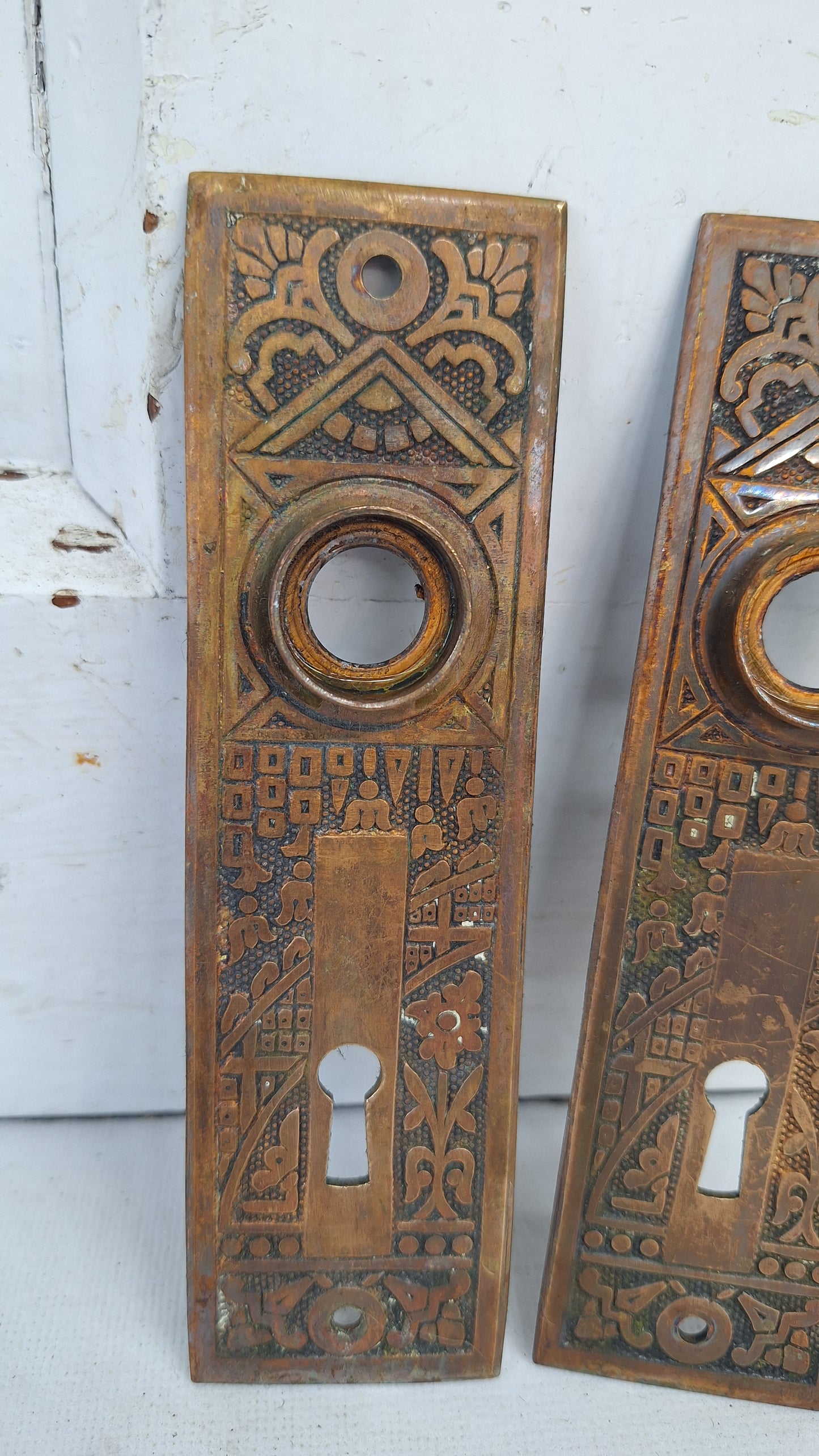 Two Antique Door Knob Plates, Eastlake Ceylon Pattern Backplates