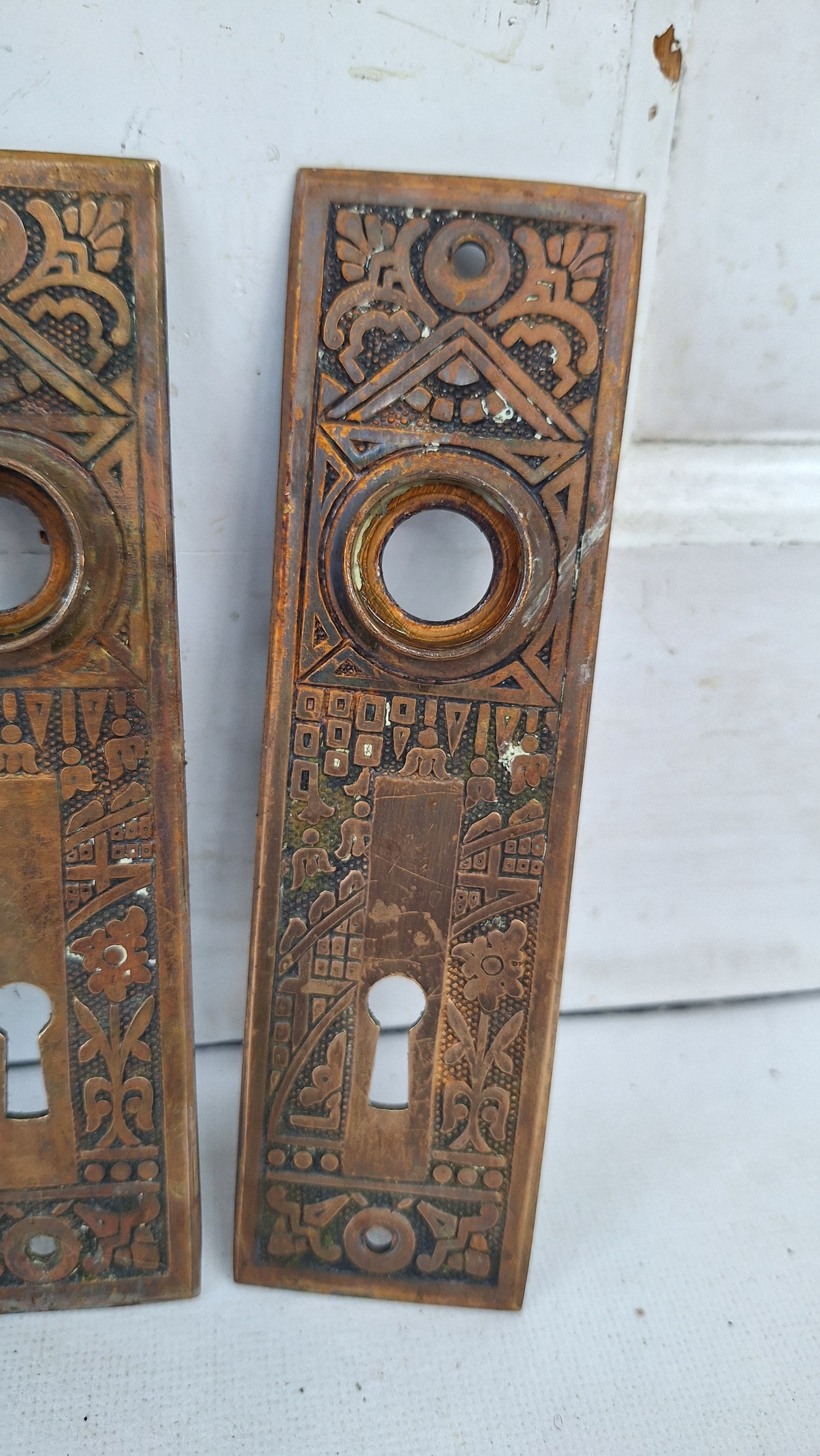 Two Antique Door Knob Plates, Eastlake Ceylon Pattern Backplates