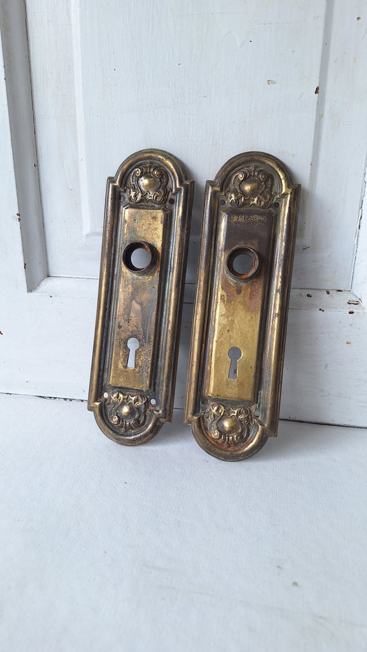 Pair of Stamped Floral Pattern Steel Backplates, Antique Doorknob Plates