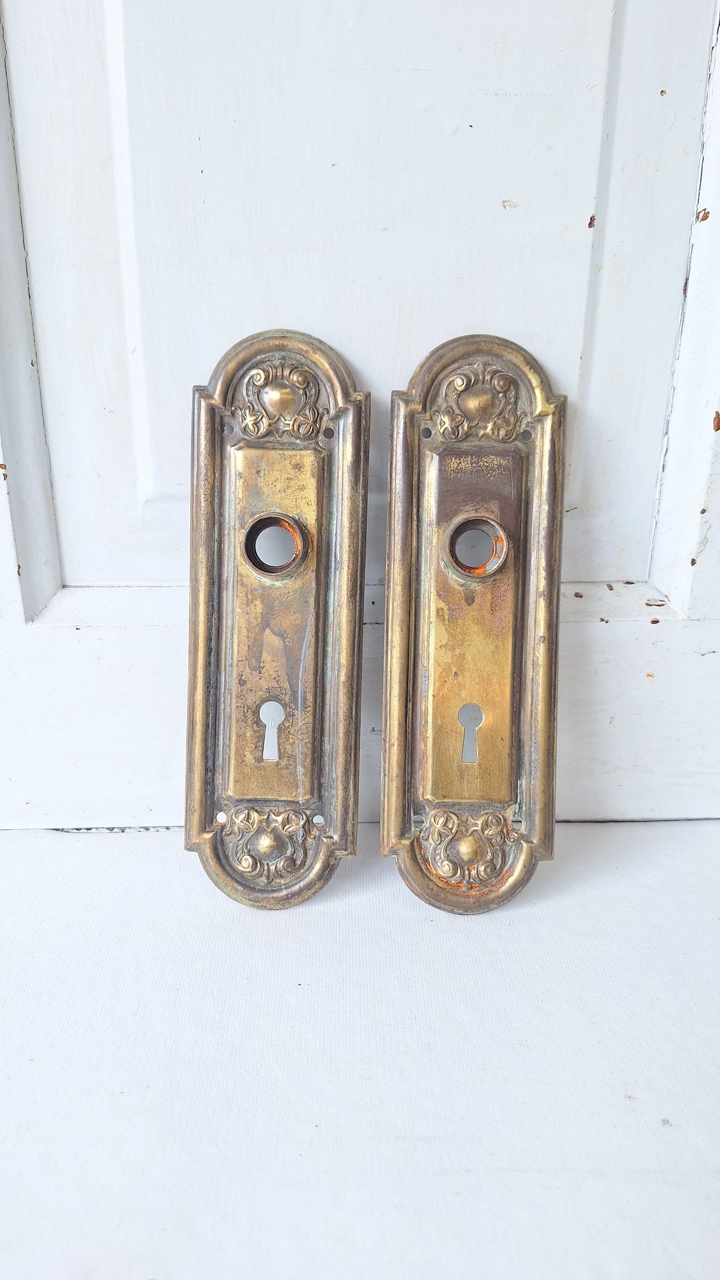 Pair of Stamped Floral Pattern Steel Backplates, Antique Doorknob Plates